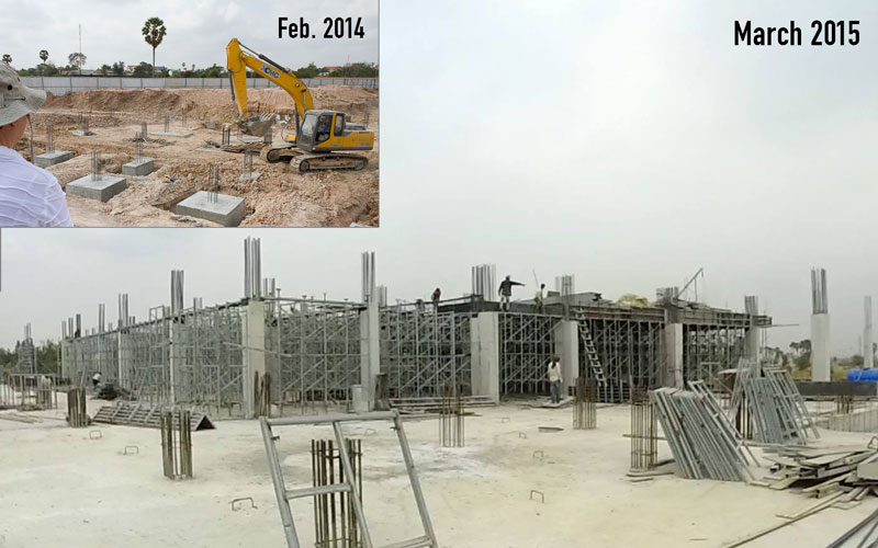 The Nokor Tep hospital site in February 2014 and March 2015. The progress made in the past year has been huge—the basement is enclosed and the first floor has been completed.