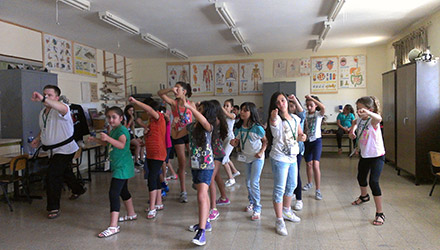 William leads Grade 6 in a series of hand blocks in Tae Kwon Do. Can you learn English while practicing a Korean form of martial arts in an Arabic-speaking city in Israel? Definitely.