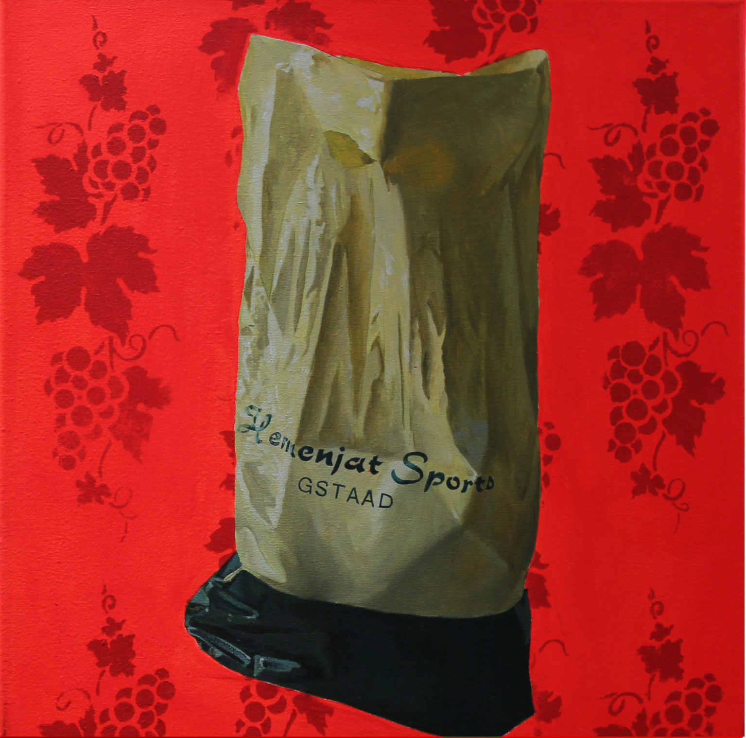   Série «&nbsp;Sacs du bout du monde », La Suisse (2008), 40 x 40 cm, huile sur toile, fond acrylique fluo  