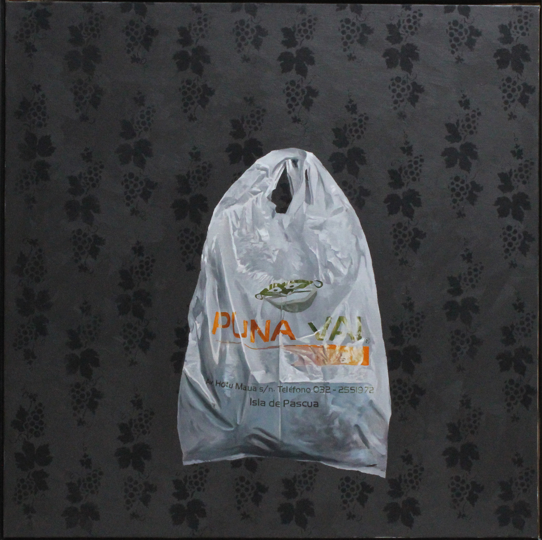  Série «&nbsp;Sacs du bout du monde », L’île de Pâques (2010), 40 x 40 cm, huile sur toile, fond acrylique graphite et noir mat  