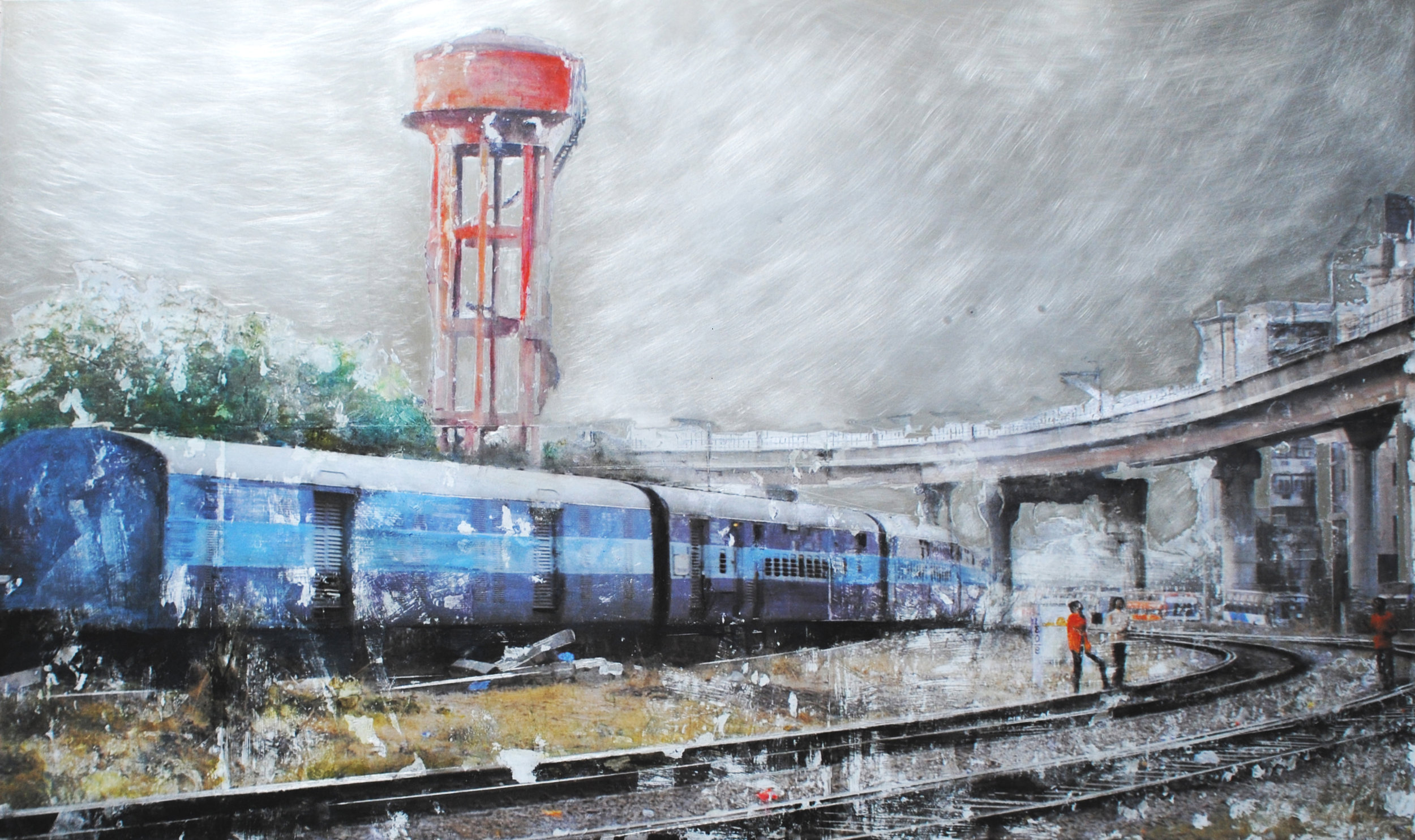  Depart pour Bengalore Jaipur technique mixte sur aluminium 60 x 100 cm 