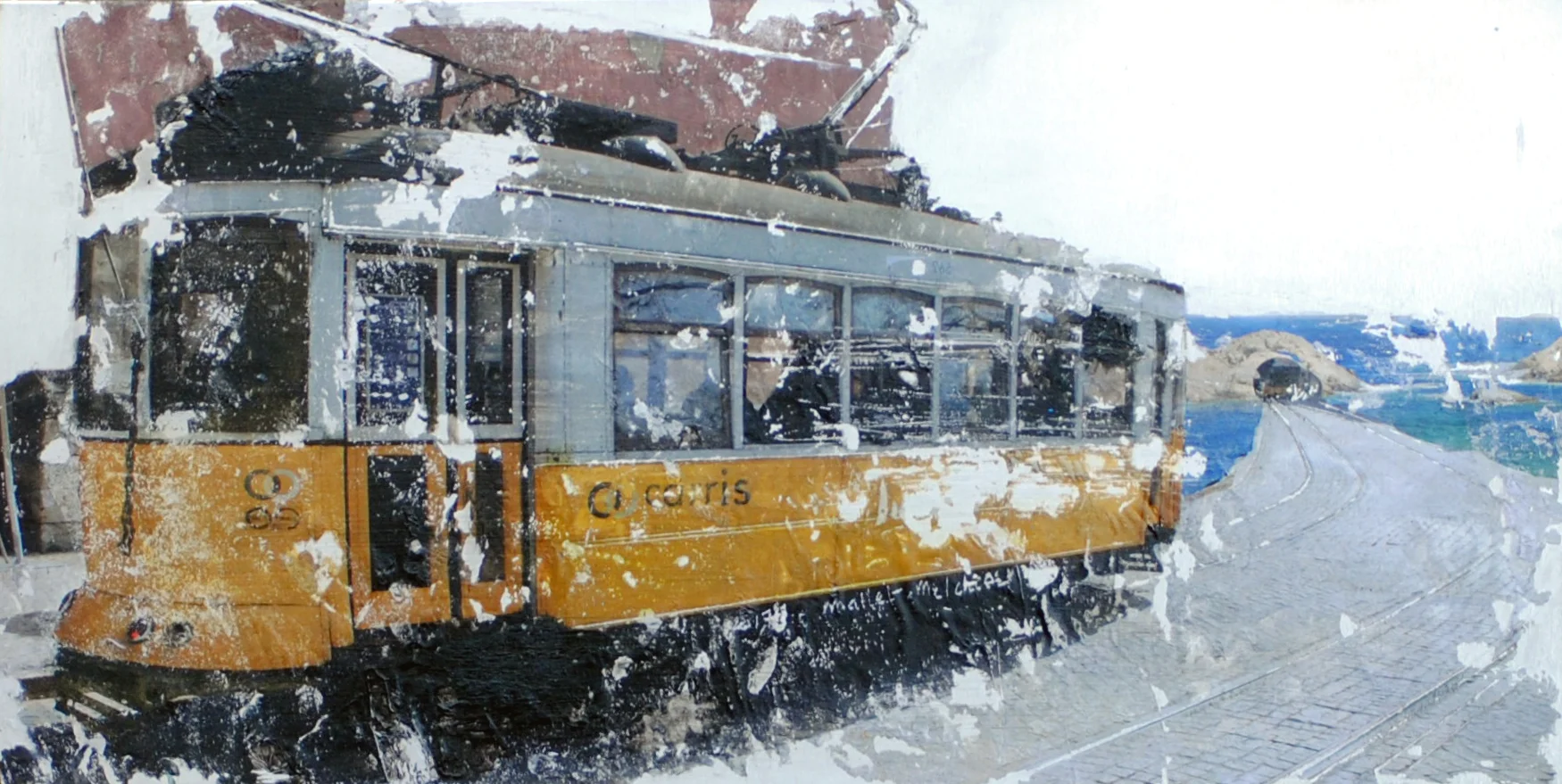 Carris Lisbonne technique mixte sur aluminium 20 x 40 cm
