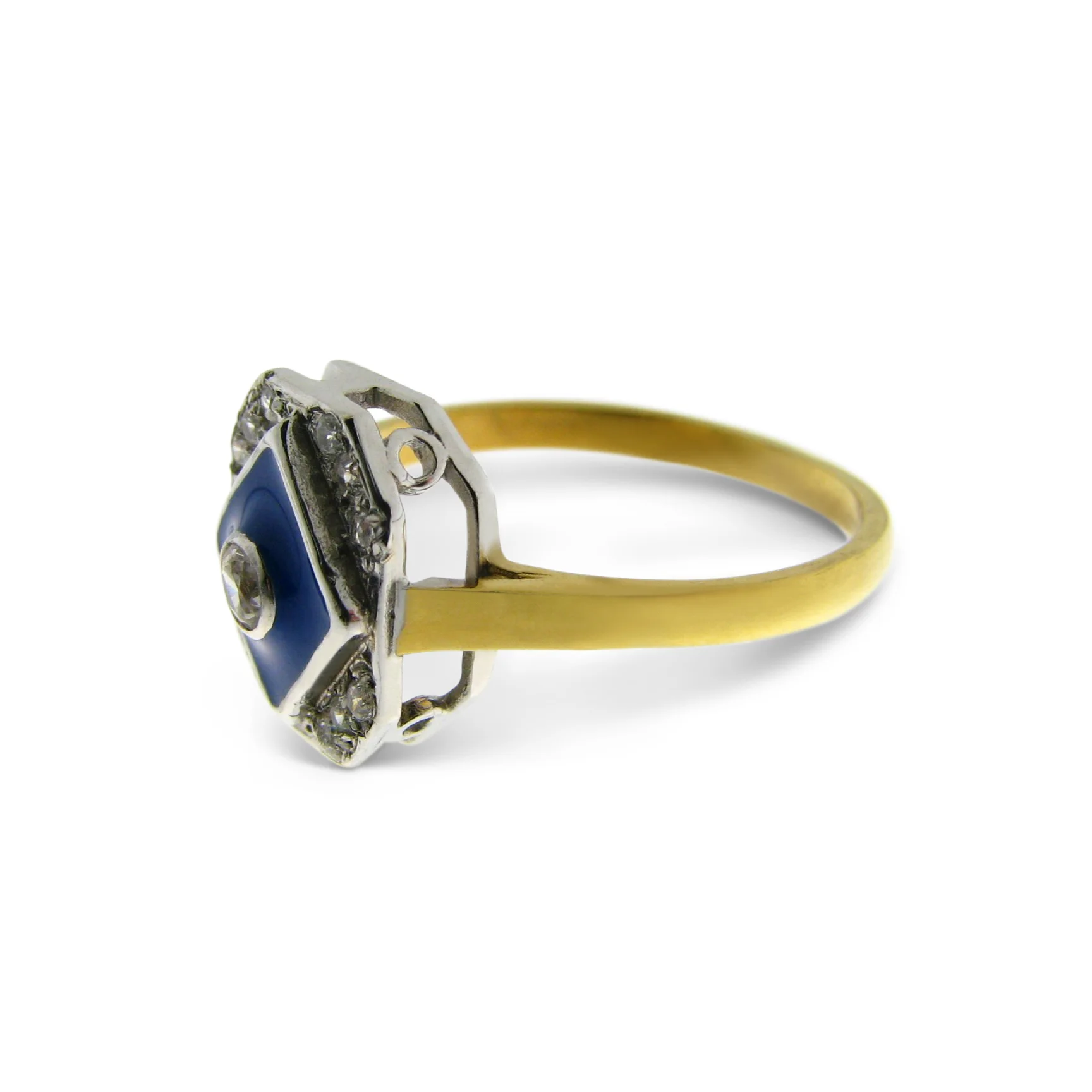 side view of Art Deco inspired cz & enamel ring