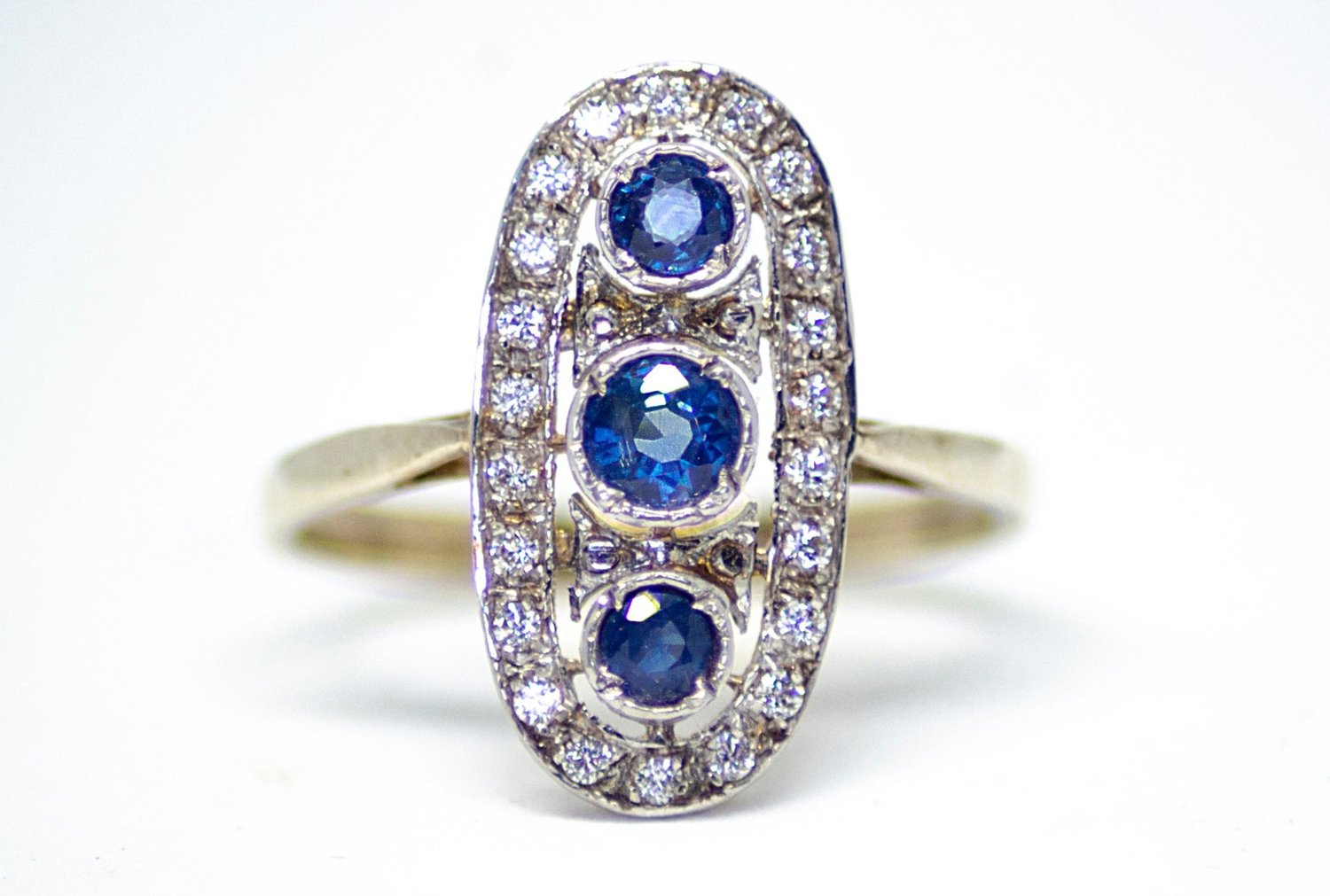 Sapphire Diamond Edwardian inspired Oval Cluster Ring — R E