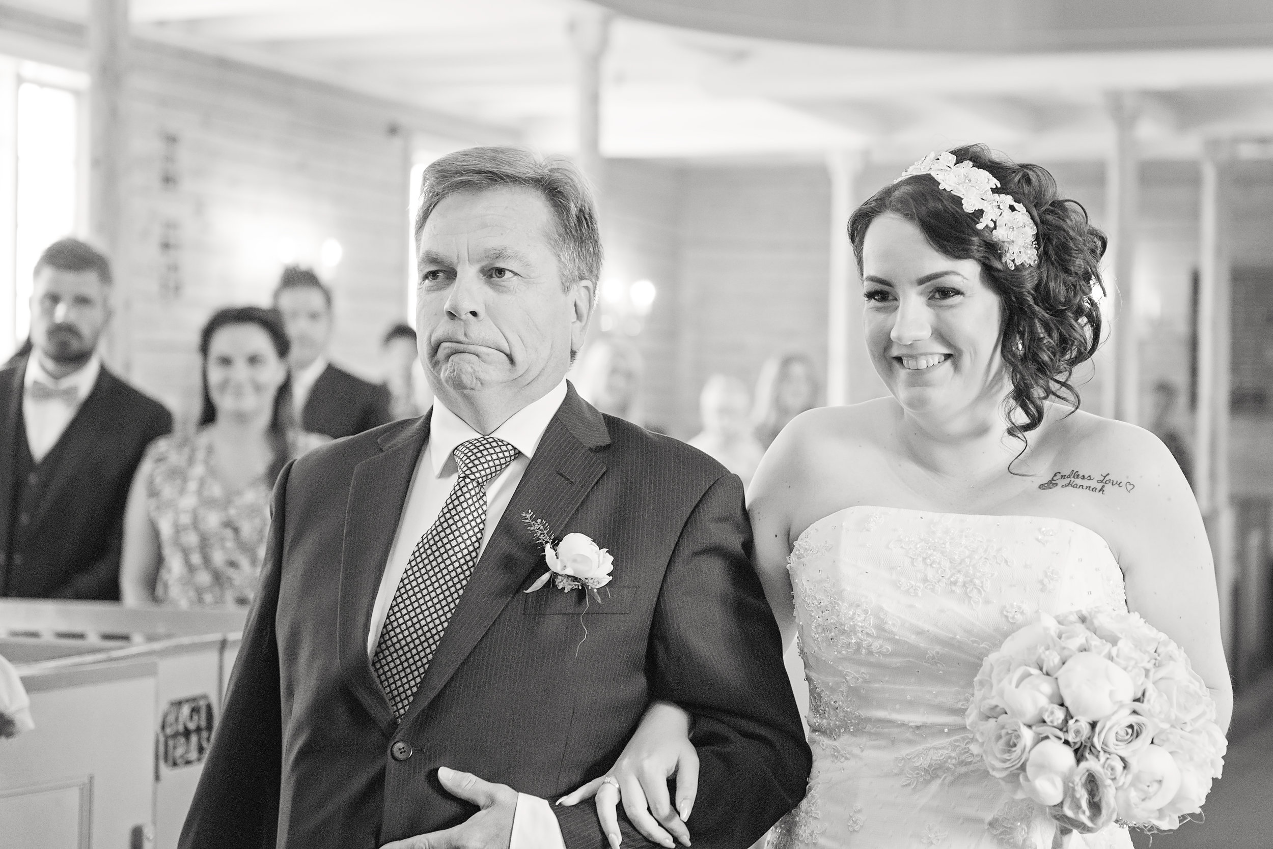 Father of the bride walks with her the aisle BW Guillem Cheung Photography bryllupsfotograf