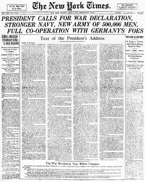 New York Times headline from April 6th 1917