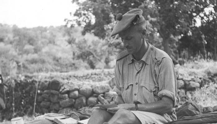  Major J.D. Forin, Battalion Second in Command. The official caption states: "Life in Sicily with the Seaforth Highlanders of Canada is here reported on for his relatives by Major J.D. Forin." Date - 23 Aug 1943, Operation Static. 