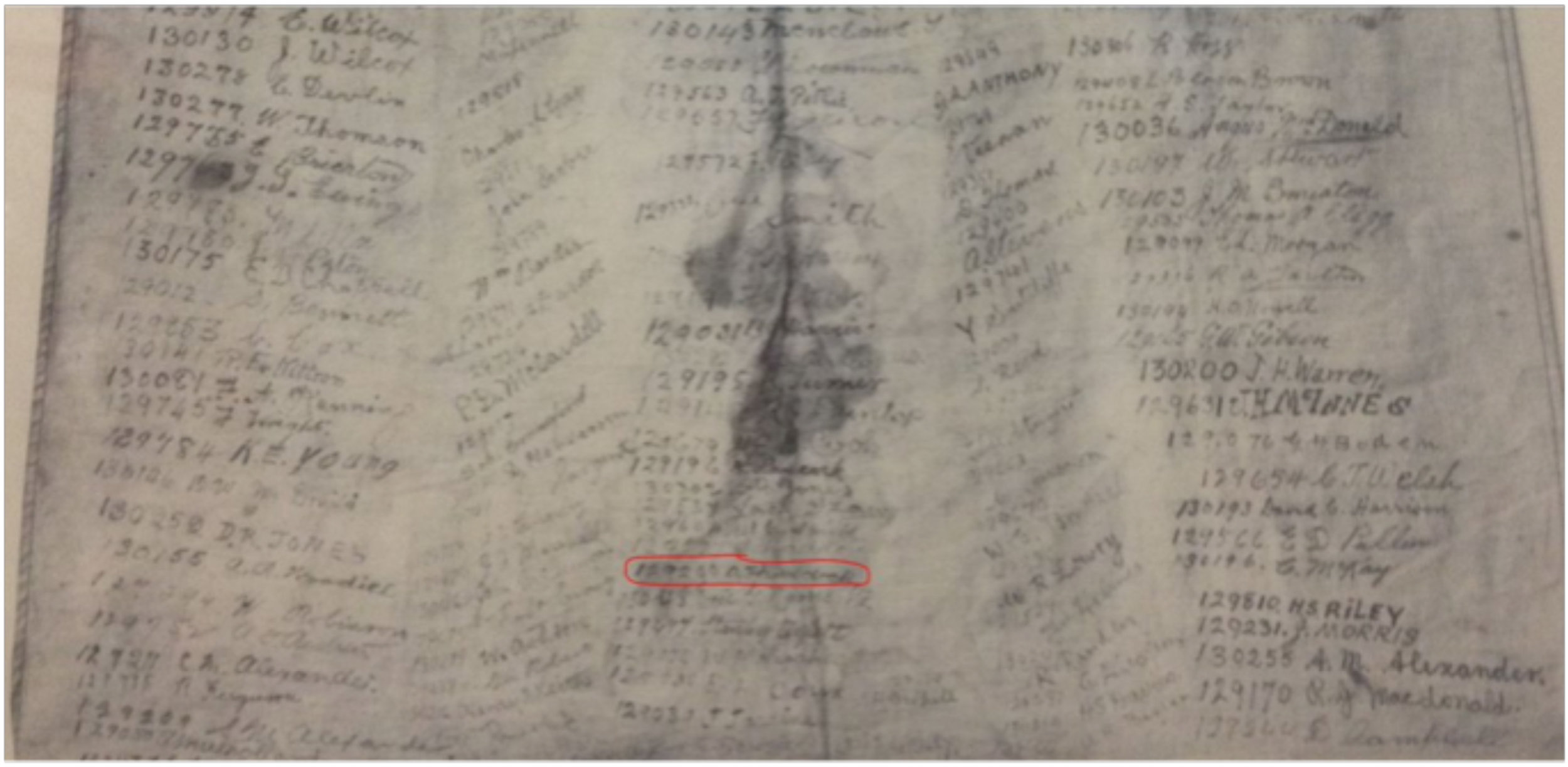 Kilt apron, close up showing the location of Private Arthur Forbes Ruddock’s signature.