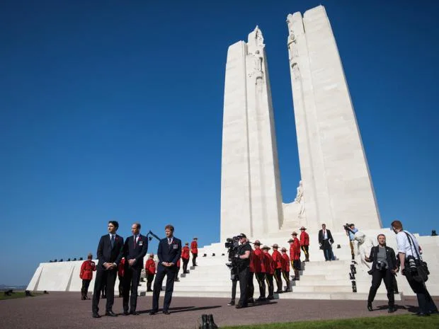 Canadian Prime Minister Justin Trudeau, Prince William, Duke of Cambridge and Prince Harry arrive at the Canadian National Vimy Memorial on April 9, 2017