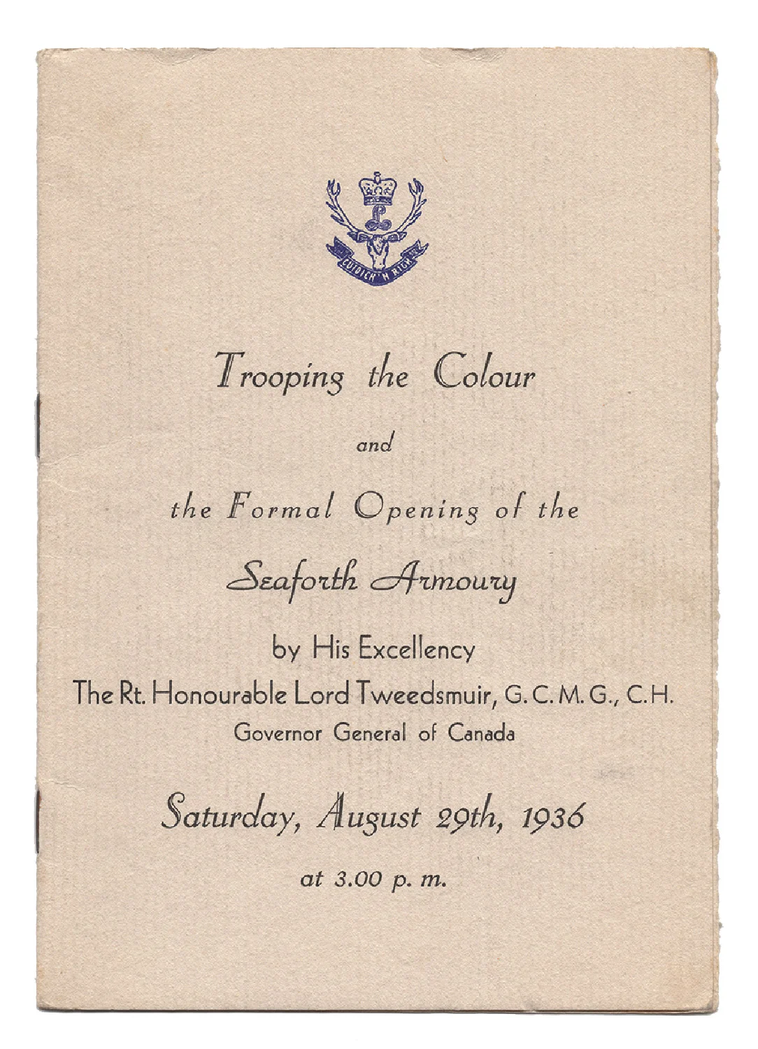 The program for the formal opening of the Seaforth Armoury.