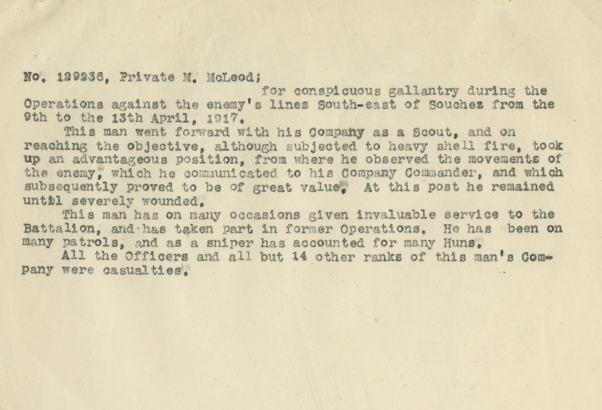 The 72nd Battalion’s original citation for Private Malcolm McLeod.