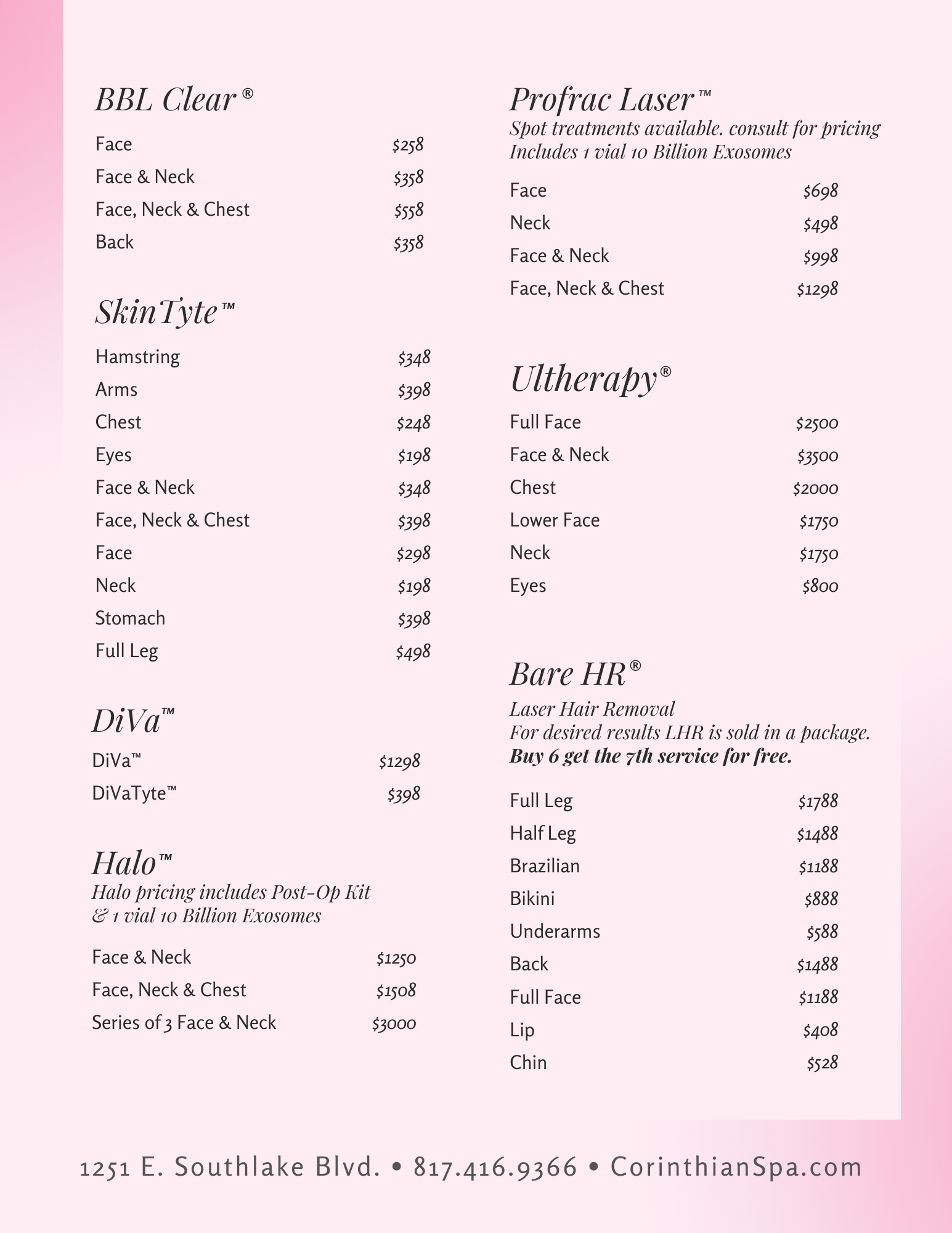 Spa Treatments Prices