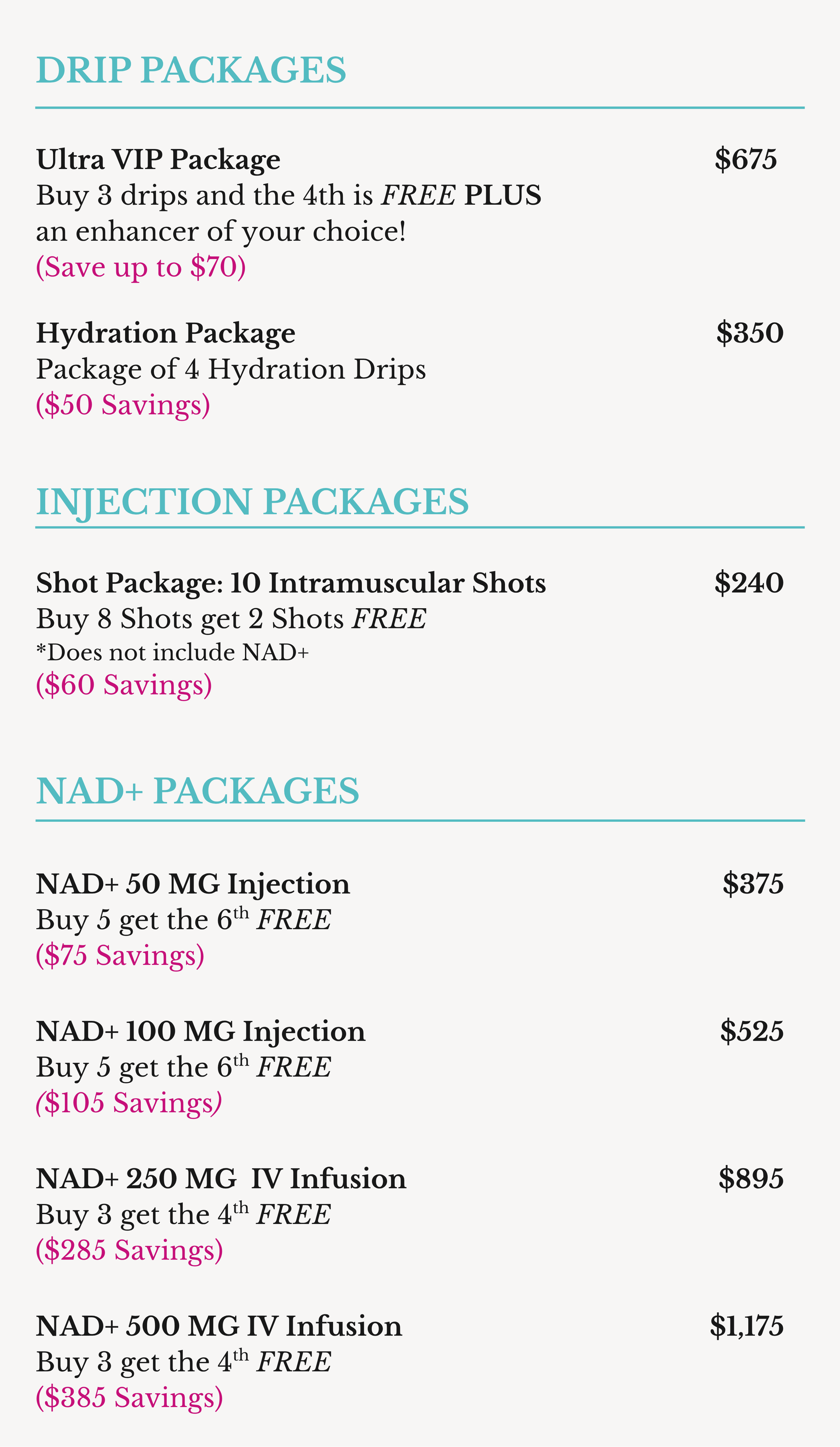 Ultra VIP Package, Hydration Package, 10 Intramuscular Shot Package, NAD+ Packages