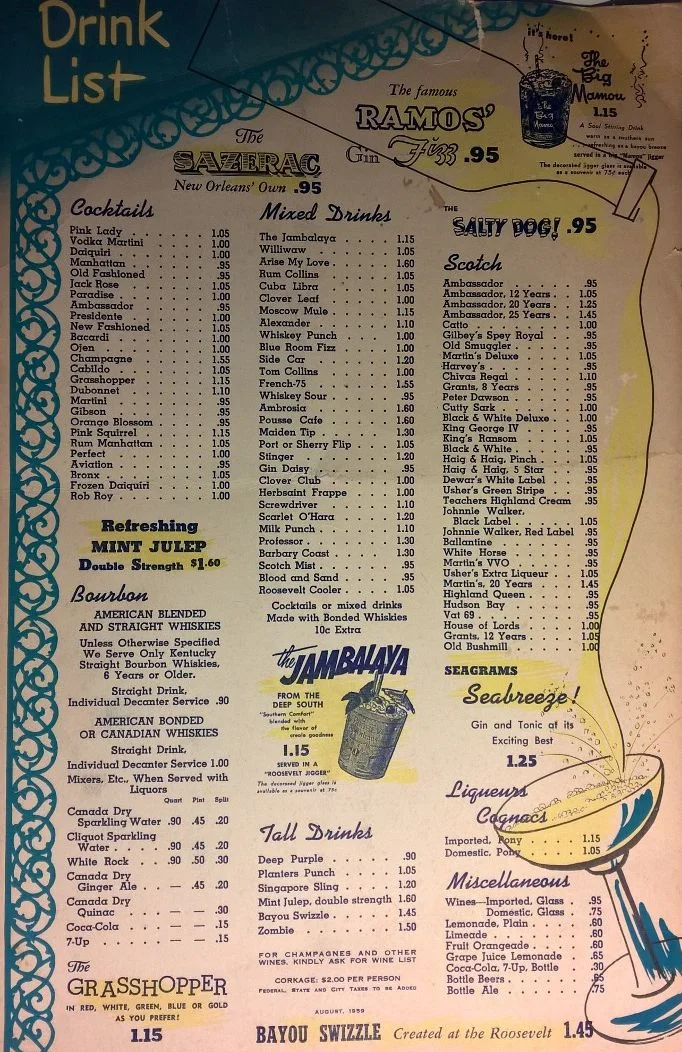 Drink Menu, The Blue Room at the Roosevelt Hotel, New Orleans, August 1959