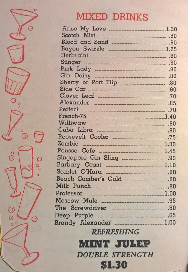 1964 drink list for the Sazarac Room from the Roosevelt