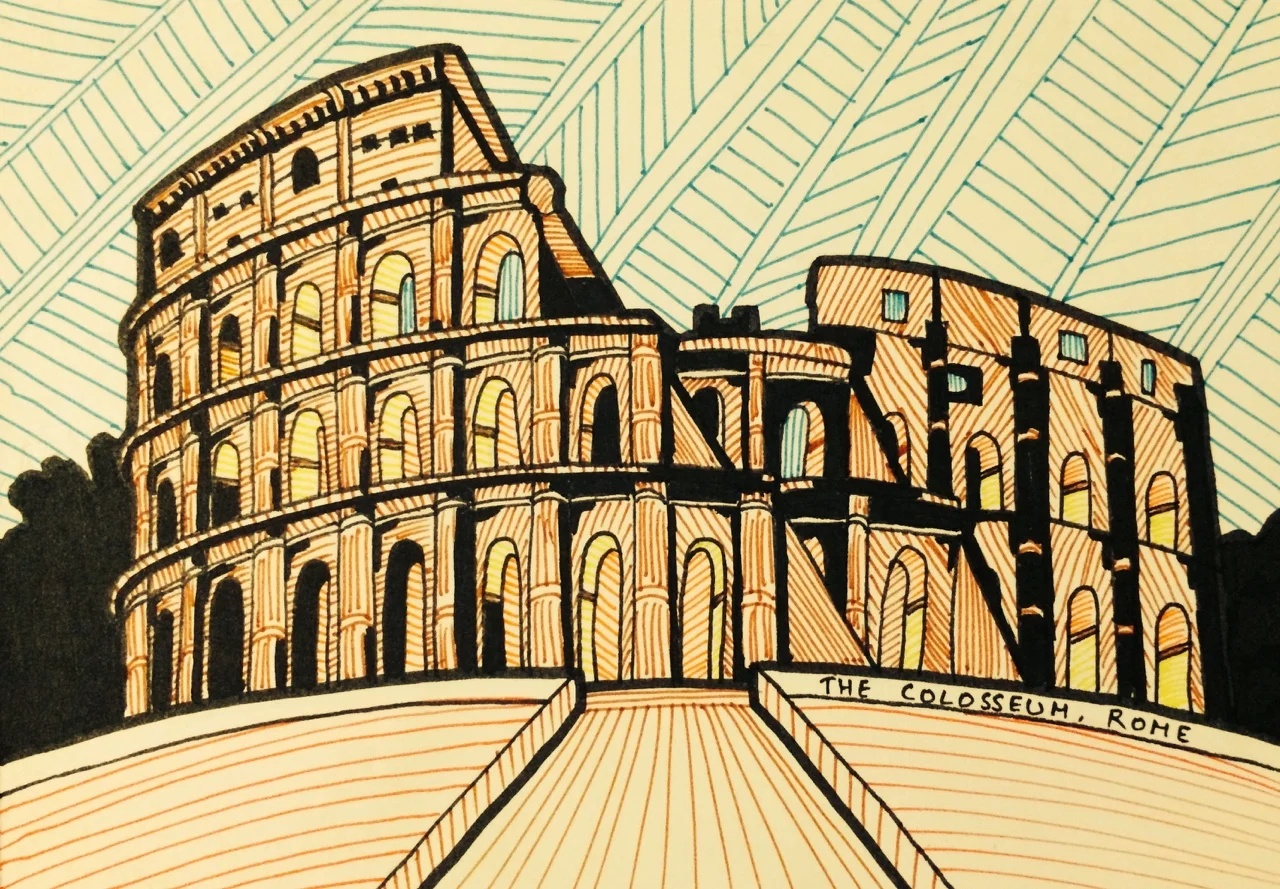 The Colosseum A postcard illustration of the Colosseum in Rome, from my recent holiday to the city of Rome in 2015. It was constructed in 72AD by the Emperor Vespasian and his successor Emperor Titus. It could hold an estimated 50000-80000 spectators. This impressive colossus, despite undergoing a series of restorations, never fails to astound me with it’s sheer presence and absolute magnificence. What’s harder to believe that there’s as much of it still standing, despite being nearly 2000 years old. Nothing else represents the utter descent into an absolutely decadent lifestyle like the Colosseum, as visitors would pour in from all corners of the empire to witness bloody gladiatorial tournaments, animal hunts, public executions, simulated naval battles, re-enactments of famous battles and dramas from classical mythology.