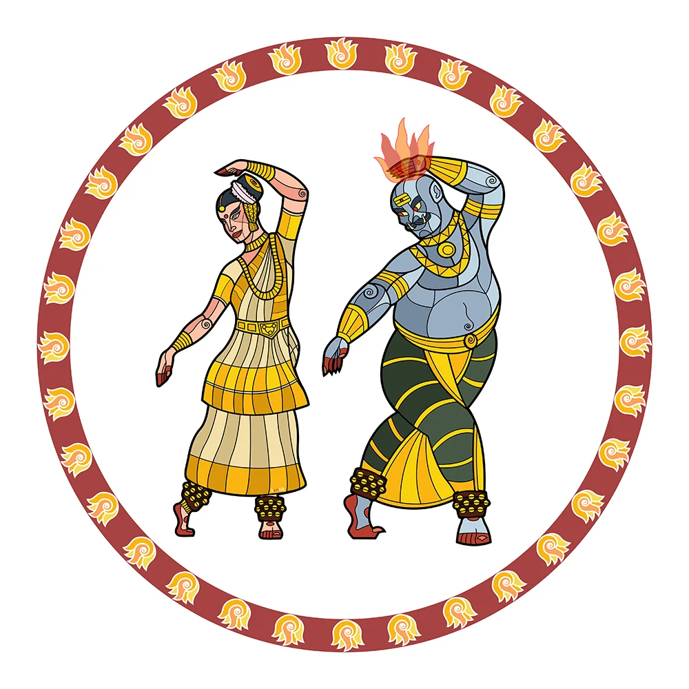 Mohiniyattam This is a popular dance form from the Indian state of Kerala, with the main theme being love and devotion to the Indian deity Vishnu. Mohiniyattam literally means ‘The Dance of the Enchantress’. The character of Mohini is said to be an avatar of Vishnu, associated with two specific stories. Story1 - Vishnu appears in the form of the Enchantress Mohini to trick the demons out of their share of the Nectar of Immortality (Amrit) which they obtain by churning the Ocean of Milk. Story2 - Vishnu also takes the form of Mohini to save Shiva from a demon called Bhasmasura. Bhasmasura had procured a blessing from Shiva that anyone upon whose head he lay his hand would burn to ashes. Bhasmasura then decided to test this on Shiva himself, causing Shiva to run away in horror. Mohini intercepts them and challenges the demon to a dance contest with the prize being the chance to wed her. The demon follows Mohini’s every dance move until Mohini places her hand over her own head. The demon follows suit and places his hand atop his own head, burning him to ashes. When reading into the history and mythology of various Indian classical dances, I was quite fascinated by the stories behind this dance form and was inspired to draw it. For this drawing, I decided to place a Mohiniyattam dancer beside a demon with a fiery hand trying to mimic her every movement, ending with placing his hand atop his own head, leading to his own fiery demise. I considered adding Shiva hiding behind a tree somewhere in the background but it seemed to disturb the balance of the piece so I relegated it for another time.