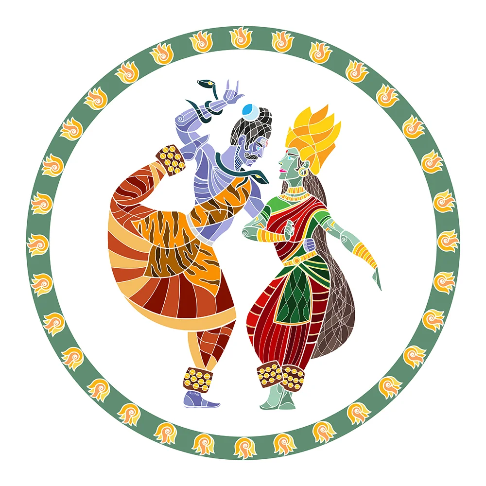 Shiva & Parvati Shiva and Parvati as the cosmic dancers, their rhythmic movements representing the motion of the entire universe, signifying the union of time, energy, space and consciousness. Shiva in the form of Nataraja is the patron of Bharatanatyam in India. It was only logical that I extend participation in the dance to his wife Parvati/Shakti. I put Shiva in an advanced Bharatanatyam pose I saw and Parvati in her traditional Kamakshi/Meenakshi pose with a symbolic parrot in her hand. In addition, Parvati is generally depicted with green skin in this form, hence her unique look here.
