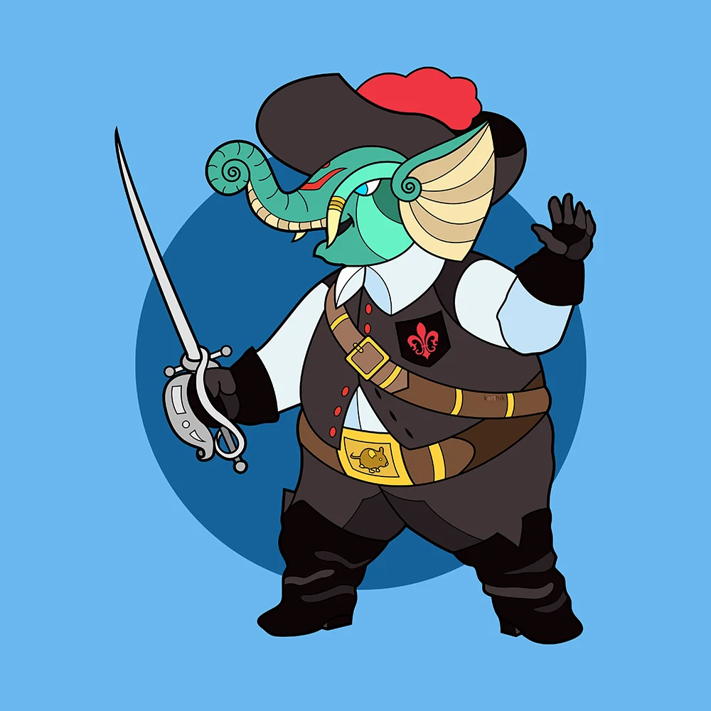 Ever since I saw the Three Musketeers by Disney, featuring Donald, Micky and Goofy as the titular characters, I was imagining Ganesha as a swashbuckling adventuring Musketeer himself. The characters of Athos, Porthos, Aramis and d'Artagnan are uniquely identified by their colors in a variety of popular media with Blue, Green, Yellow and Red respectively. I decided to keep this design fairly simple, with an off-white shirt and black pants and vest with black boots to match. Topping it off was a bright red plume on his hat (for d'Artagnan), a bright red fleur-de-lis on his vest pocket and a golden mouse relief on his belt buckle. In his sword hand, he brandishes a fine rapier, ready to challenge his enemies to a duel.