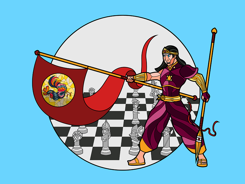 The Rooster Banner After various refinements to Karthikeya’s armor and weapons, I realized that there was one more thing that he carried into battles. He rallied his heavenly troops behind the banner of the Rooster. The story goes that Karthikeya defeated the evil demon Surapadman and used half of the demon’s life to create this banner (the other half becoming the peacock that carries him around). The rooster I suppose became a representation of battle because they are associated with rooster fighting sports as well as shown as enemies of snakes (which represent evil I guess?).
For the banner’s design, I kept it close to the orange/red color scheme of his spear. I considered inverting the color scheme but decided that a red banner on a gold staff looked better than a gold banner on a red staff. The Rooster itself is a simple jigsaw puzzle like design with colorful plumage and one foot raised, as if it’s ready to march into battle.
I also considered making the banner into a sort of weapon, but decided that there was already too much going on with with it and it might be a bit too distracting and dropped that idea.
Lastly, since Karthikeya is the General of the Heavenly Army, I decided to show his army in the background in the form of white chess pieces (based on my previous design of Ganesha and Karthikeya playing chess for the divine mango)