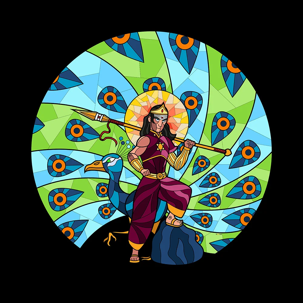 Karthikeya is the General of the Gods in Indian Mythology, leading their armies into battle against the forces of evil. Unlike Ganesha, who is easily recognisable no matter what you do with him, or Rama who can be identified by being blue and carrying a bow, or Krishna who is also blue with a peacock feather in his hair or Hanuman who is a monkey, Karthikeya needed quite a bit of thought to give him that unique and engaging look.
I decided to take the design from my previous piece ‘Karthikeya meets Avvaiyaar’ and upgrade his armour into a high collar and asymmetrical design inspired by what lance and javelin users might wear in the Olympics. The left shoulder is shielded since that side is likely to face the enemy for a right-handed spear user. The right side I left bare, allowing greater freedom of movement. The armour itself is in shades of maroon, which I have retained from the earliest colour palette I chose for Karthikeya, for the sake of consistency.
A specific design element I added was the six sided star in his armor. This symbol has been associated with Karthikeya, representing that he was born from six sparks into six bodies, nursed by six heavenly maidens and combined into one form with six heads and six pairs of arms.
One might notice the similarity between Karthikeya’s six-sided star symbol and the 'Star of David' (which is also similar to the 'Seal of Solomon’, the ring that gave the King Solomon the power to control demons). Coincidence or connection, who knows?
Lastly, I strongly considered drawing him with six heads and six pair of arms to keep him immediately recognizable. However, I wanted to show him as being nimble, agile and ready for battle and I felt that having six heads/ twelve hands would make him feel a little awkward, especially if he’d be waving around a sharp and powerful weapon. So I figured this would be the form he’d take before taking a stab at something.