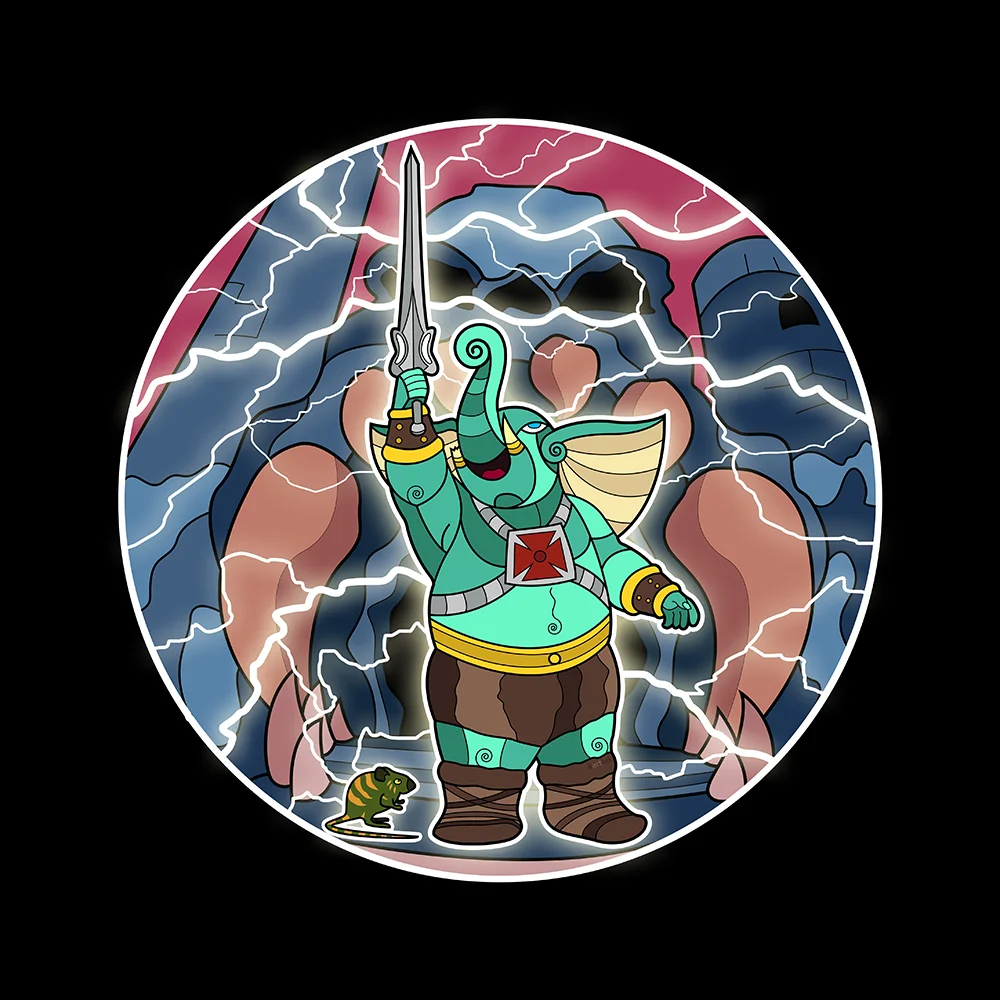 Having drawn Ganesha as a Viking, it seemed natural that I should extend the trend just a little further and draw him as my favourite childhood cartoon character, He-Man! He-Man was a timeless classic from the 80’s, with its titular hero always fighting to protect the good people of Eternia against evil forces. He-Man always had a good nature, willing to give anyone a second chance and believing that everyone had good in them that just needed to be felt and expressed. In addition, he’d end every episode with some words of wisdom to build the character of the impressionable young children watching the show. All of these were definitely characteristics worth looking up to.
This made me believe that it was quite appropriate to have a crossover/homage between Ganesha and He-Man, both living up to the name ‘Masters of the Universe’.
Here he stands before Castle Grayskull, magic sword held aloft, chanting “I have the power” as the lightning transforms him. And of course, his little rodent sidekick was a natural cringer about to be transformed into Battle-Rat :-)
