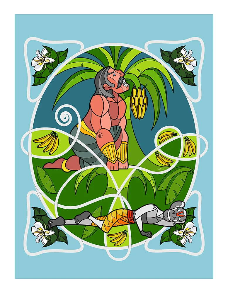 Based on the Kalyana Saugandhika episode in the Mahabharat. During their exile in the forest, Draupadi smells a wonderful fragrance coming in the breeze and asks Bheema to go find out what’s causing it. On his way to find out, Bheema encounters an old monkey blocking his way outside a banana grove.
“Move your tail so that I may pass,” says the mighty Bheema. “But I’m too weak and tired, why can’t you just hop over it?” asks the old monkey. “It’s against my code of honor to hop over someone,” says Bheema. “Then you’ll have to move my tail yourself,” says the old monkey. “Ha, I’ll move your puny tail and you as well in one swift move!” Bheema responds.
Bheema tries with all his might but he’s unable to budge the old monkey’s tail. Suddenly humbled and suspecting a divine intervention, he respectfully questions the monkey’s identity. The monkey of course, is Hanuman, technically Bheema’s old brother, since they are both children of the wind god Vayu. Hanuman gives his blessings to Bheema and then counsels him on the dangers ahead and where he can find the sacred flower giving off the wonderful fragrance.
With Hanuman in particular, I’ve always been fascinated with his tail and tried to combine it with celtic knot designs to create both the border for the piece as well as some geometric shapes within the piece. On the outside, the Kalyana Saugandhika flower that Bheema was searching for decorates the borders.