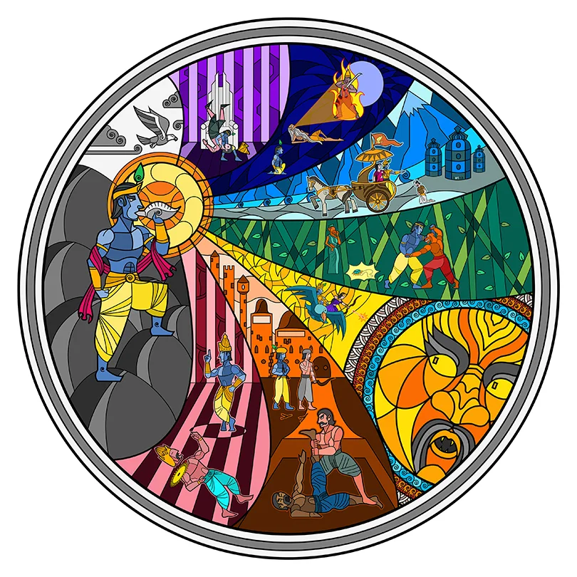 This is a portion of Krishna’s life from the Bhagavata Purana, specifically from his adventures after he becomes the prince of Mathura. I always felt that people tend to focus more on his childhood stories in Brindavan or his helping the Pandavas during the battle of Kurukshetra. Even though Krishna never really took up the mantle of a King, he was always making political alliances and destroying his enemies.
So from the top in clockwise order, Krishna killing Kamsa, Krishna tricking Muchukunda into burning Kalayavana, Krishna kidnapping Rukmini and shaming her brother Rukmi, Krishna battling Jambavan over the Syamantakamani and winning Jambavati, Krishna and Satyabhama fighting Narakasura, Krishna with Arjuna and Bheema fighting Jarasandha and lastly Krishna beheading Sisupala during Yudhistira’s Rajasuya yagna.
