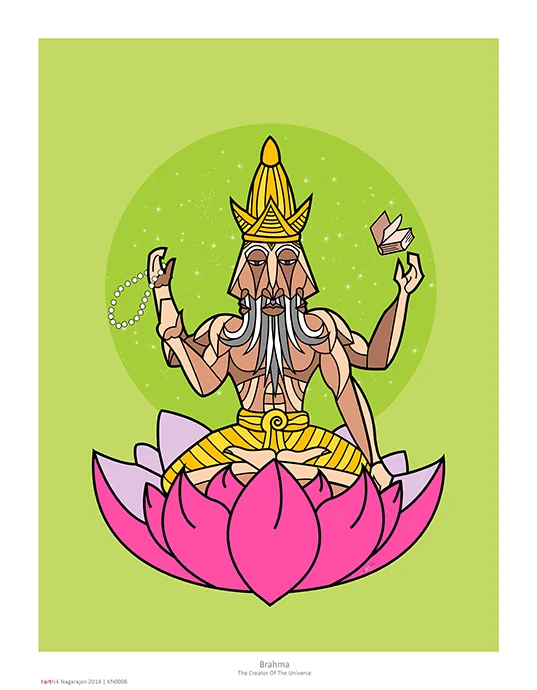This is Brahma, the alleged creator of the universe. He’s supposed to have 4 heads, each having mastery over one of the four vedas. Traditional depictions are with four separate heads but I felt I had to do something different to show this, hence my attempt at making it a more geometric representation with a head facing each direction. I fact, I was so fascinated by how this looked that I promptly made the head my avatar on multiple sites :-)