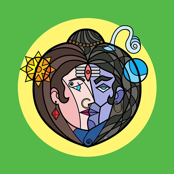 I remember seeing an image of Ardhanareeshwara, a deity composed of half-Shiva and half-Parvati which are perfectly bisected down the center and I thought to myself, “this is pretty cool, but can I do something different with this? Can i arrange it in a different way and still create the illusion of it being two faces in one?” This is the outcome.