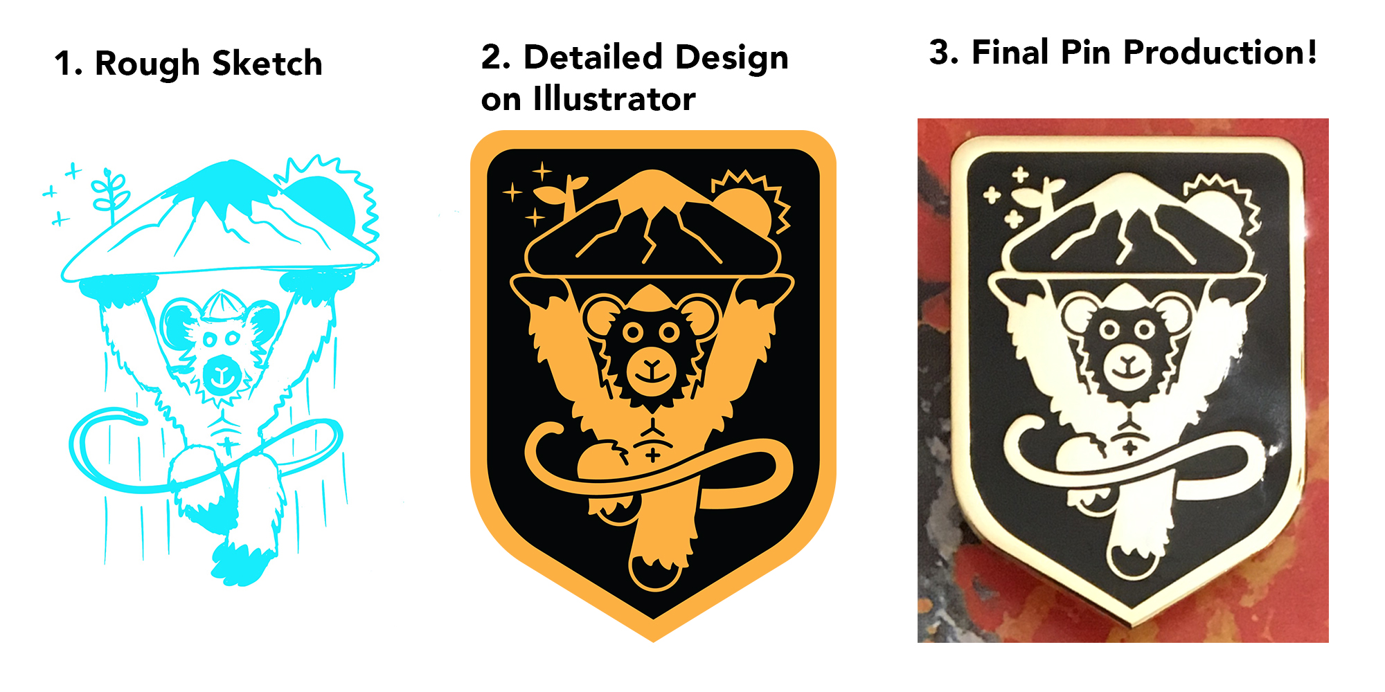 The design process from rough sketch to vectorizing in Illustrator to final pin production