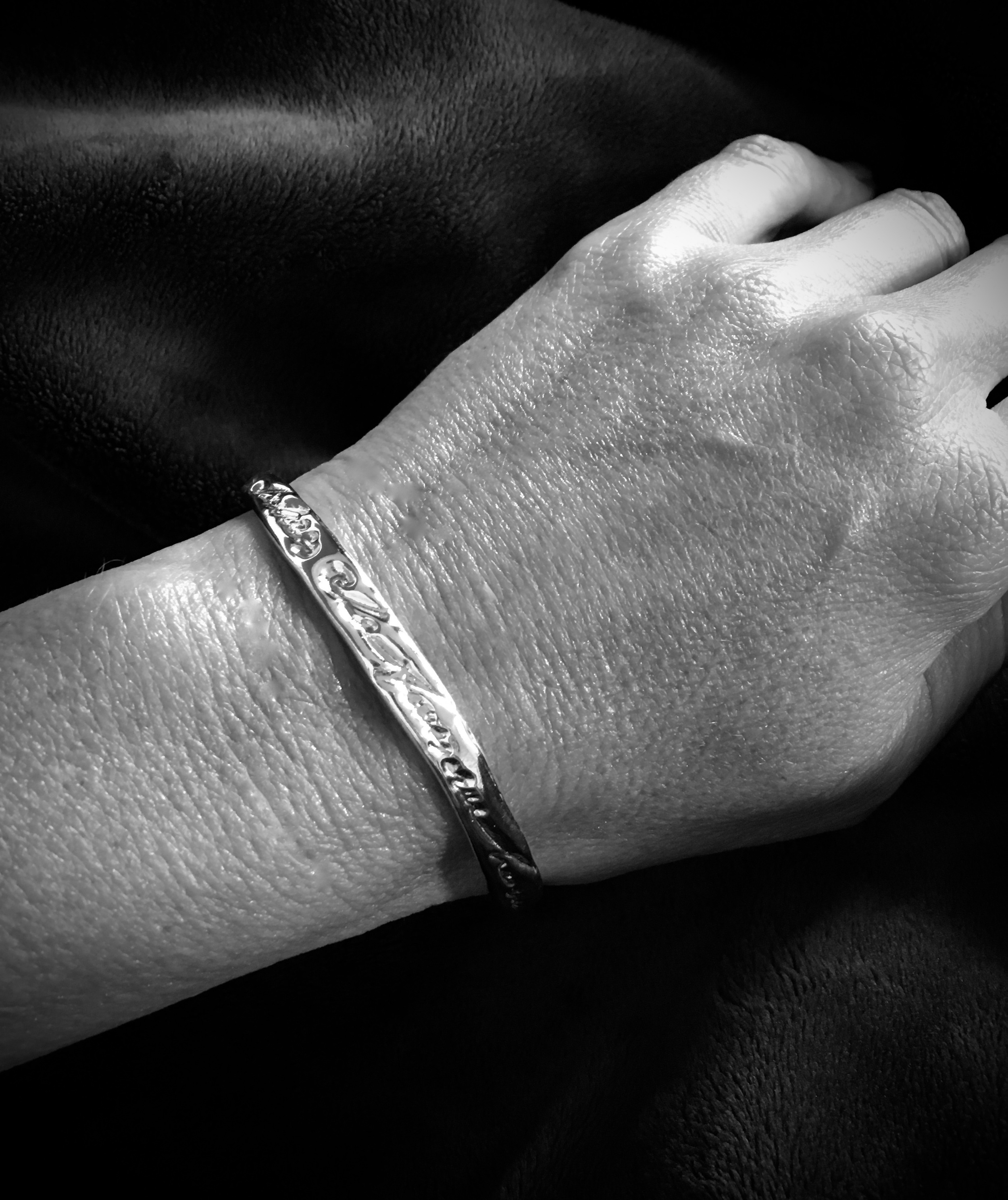 Small Script Bangle:wearing.jpg