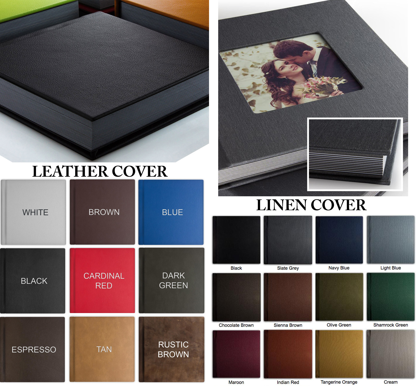 Album Cover Options: Choose between leather or linen. (Optional: cameo window seen in Linen Cover above)