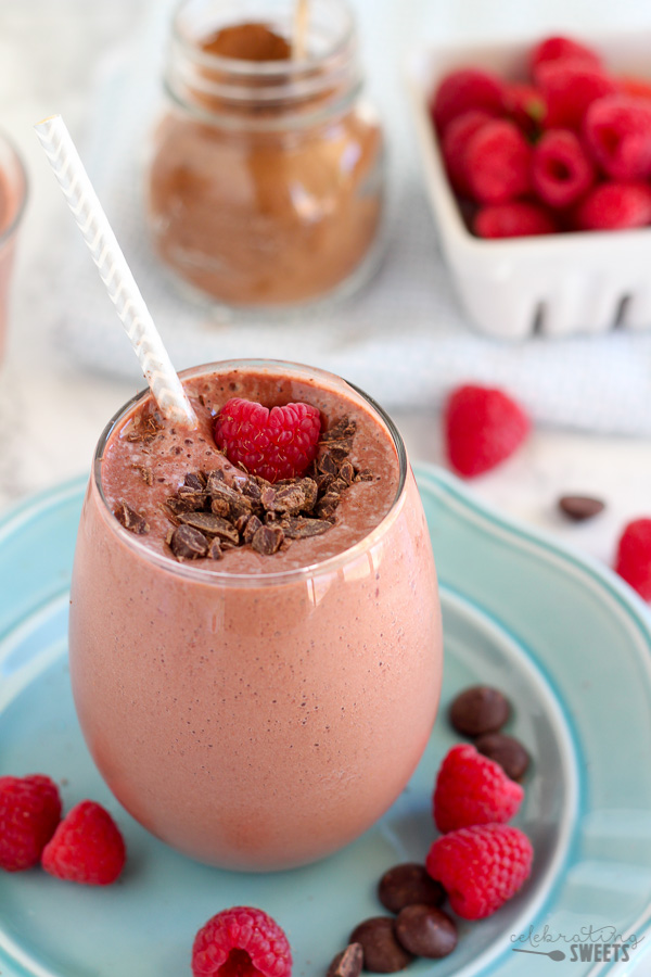 INGREDIENTS: 1 cup Almond Breeze Chocolate Unsweetened Almondmilk 1 medium frozen banana 1 cup frozen raspberries 2 tablespoons Dutch processed cocoa powder Raspberries and sprinkles, for serving, if desired DIRECTIONS: Place all ingredients in a blender and blend until smooth. Serve immediately. Garnish with raspberries and sprinkles, if desired! Note-we use Almond Breeze Chocolate Unsweetened Almondmilk and I think it is plenty sweet. If you want a sweeter drink, you can use Almond Breeze regular Chocolate Almondmilk. http://www.twopeasandtheirpod.com/chocolate-raspberry-smoothie/