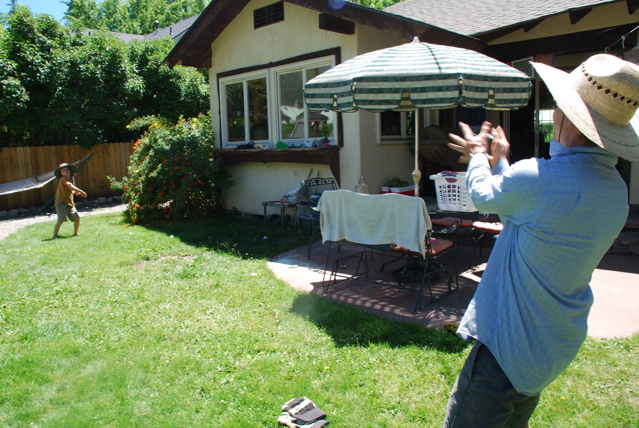 Using our one patch of grass to play catch