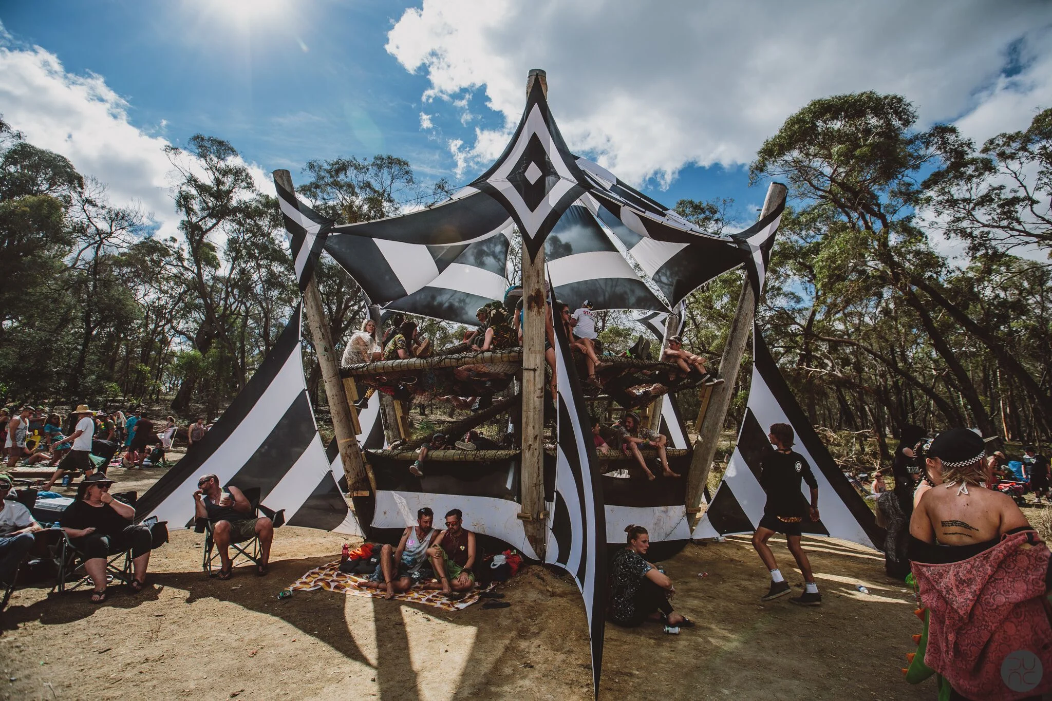  Built for 2016 Rainbow Serpent Festival this structure has been a permanent installation for the past 3 festivals in Lexton, Victoria, Australia at the Market Stage area. 
