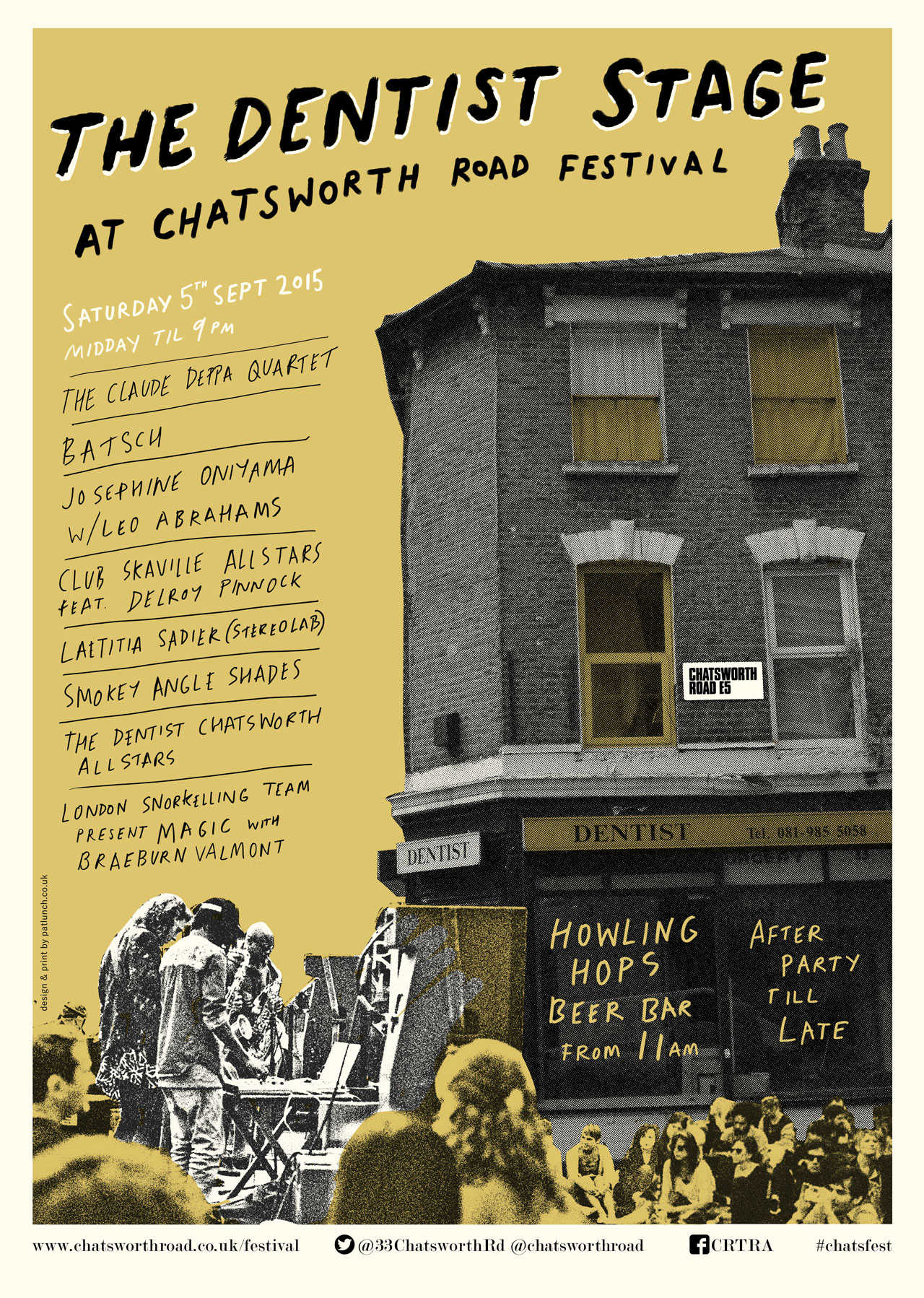 Helen Ashton's screen printed poster for the 2015 Dentist Stage at Chatsworth Road Festival