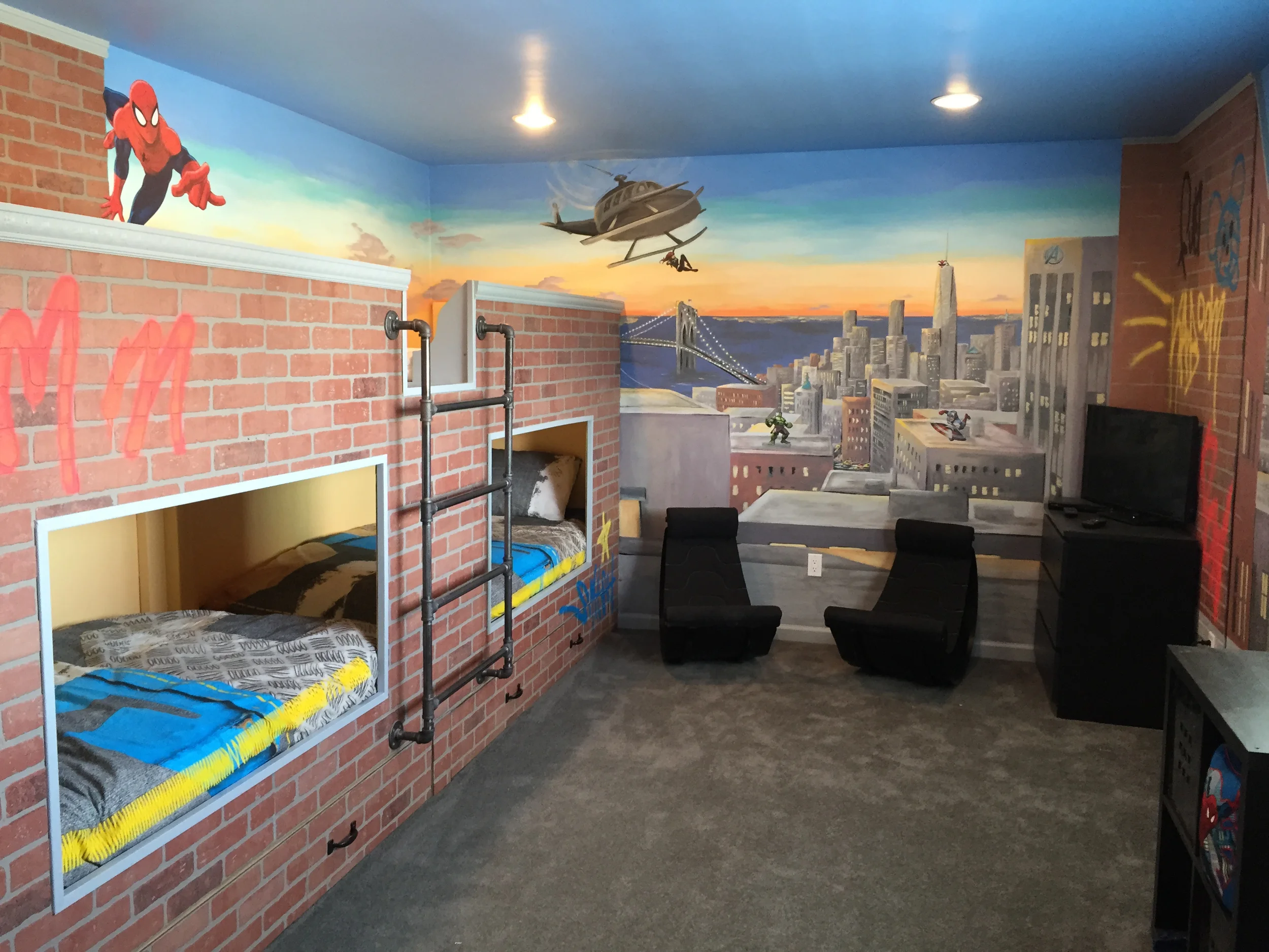 Superheros City Rooftop Mural/Bunk Beds with Licensed Superhero Decals
