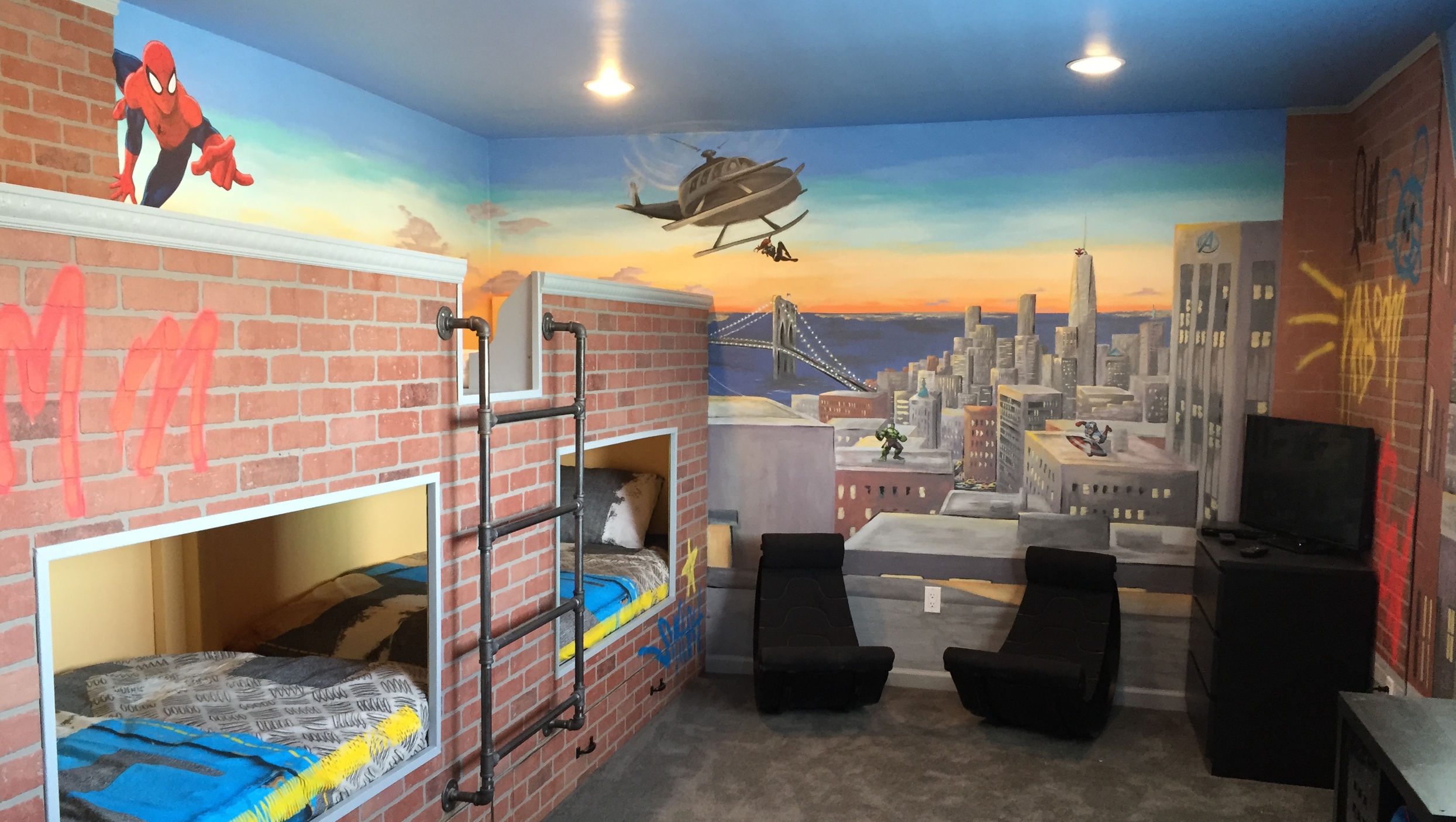 Superheroes Themed NYC Scene with Custom Designed Bunk Beds and Graffiti