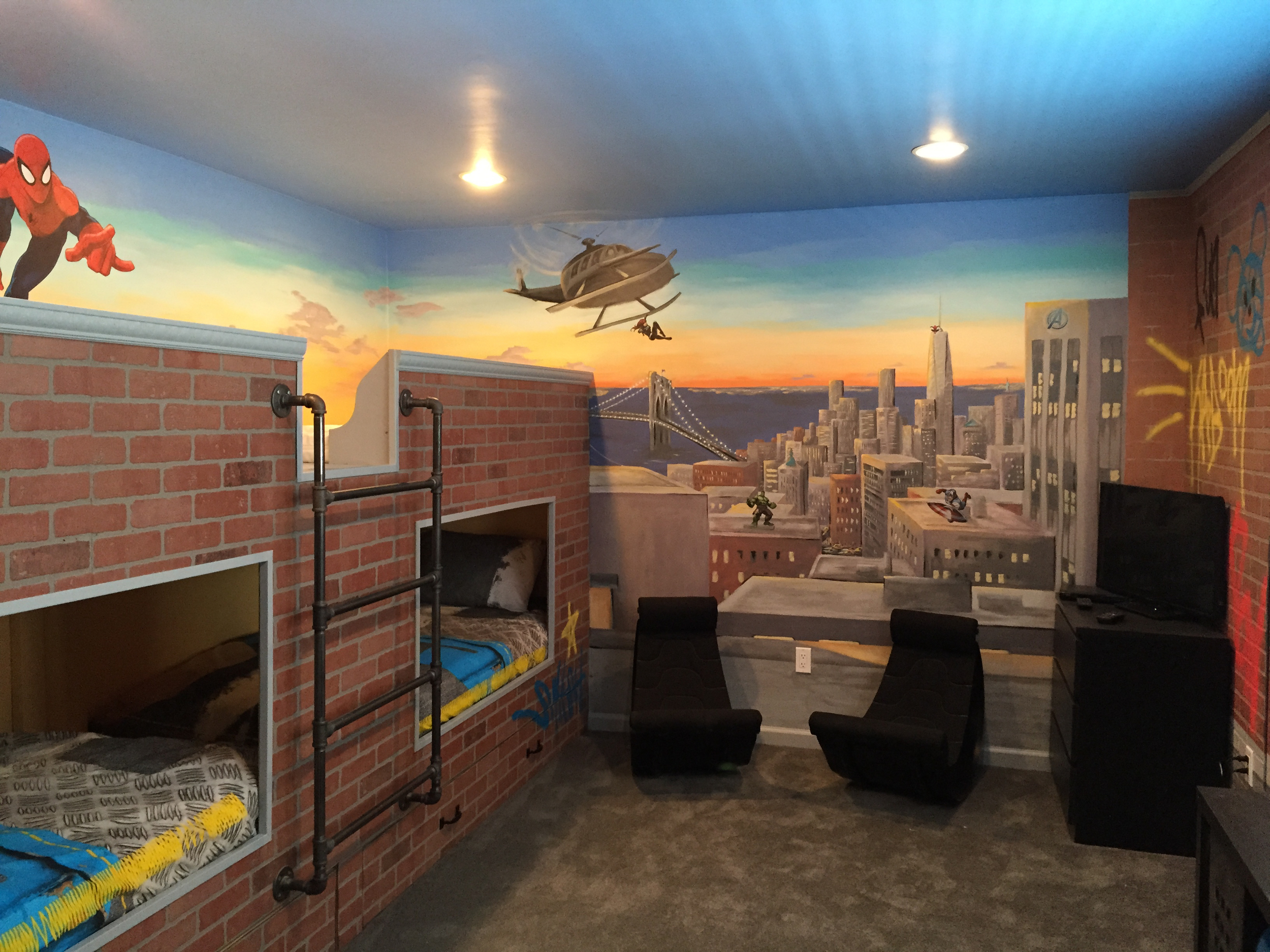 Superheroes Themed NYC Scene with Bunk Beds and Graffiti with Licensed decals