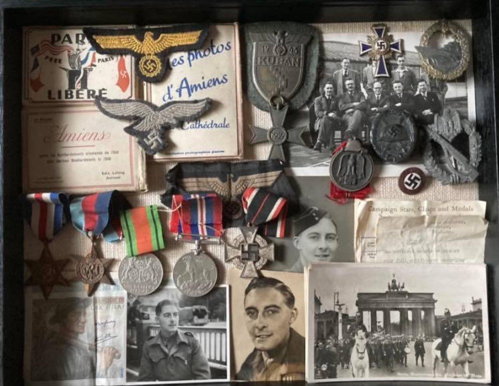 Assortment of German WW2 medals, documents, currency and Georges campaign medals.jpg