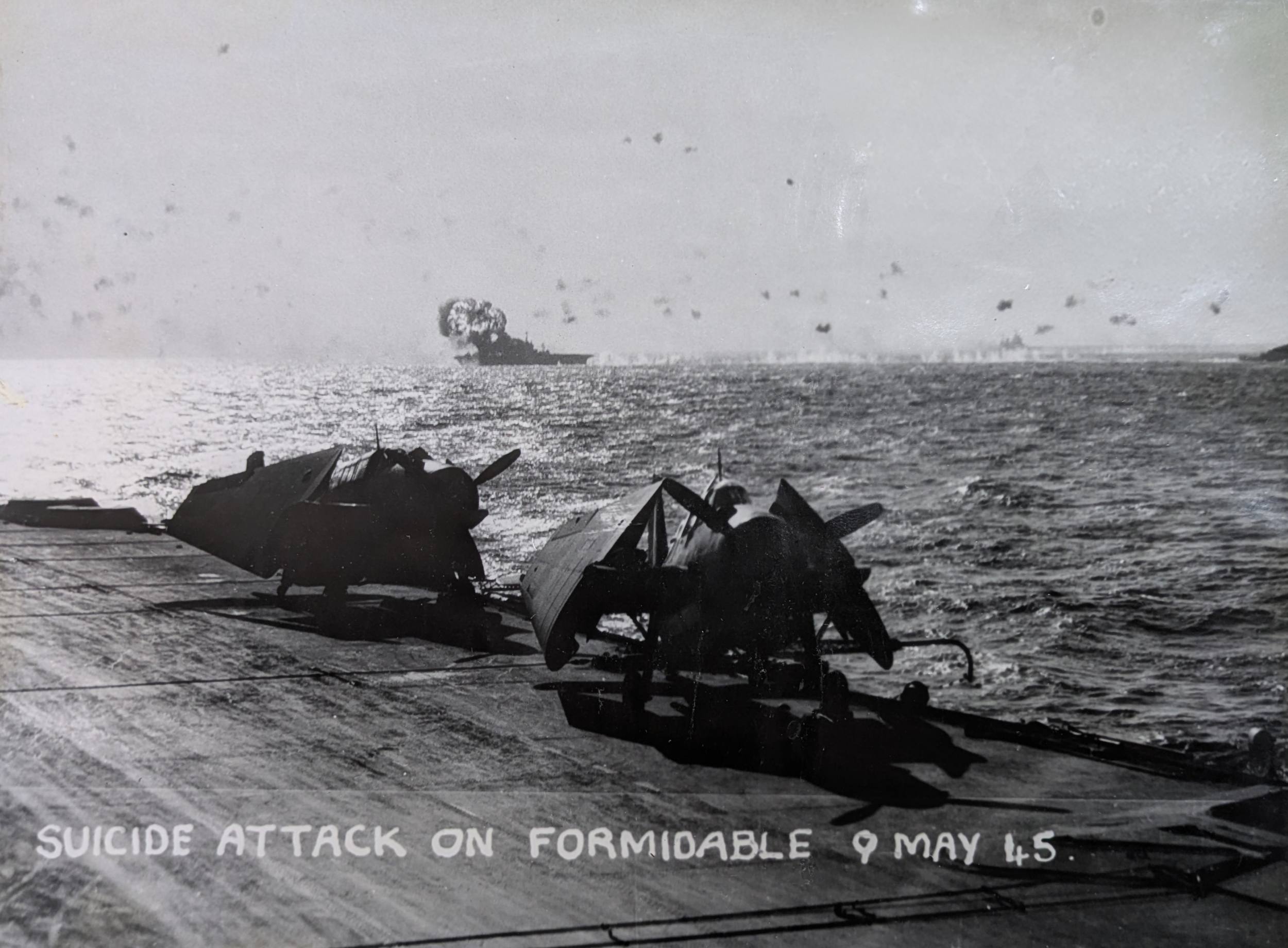 Suicide Attack on Formidable 9 May 1945 - No. 2 View from Starboard Bow.png