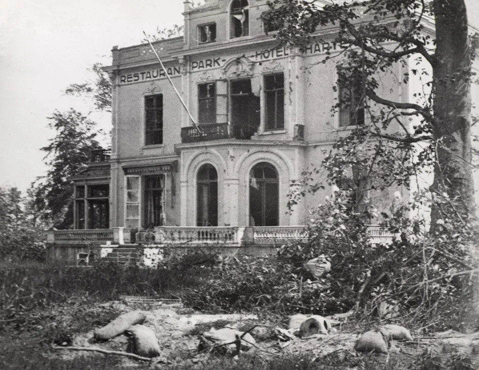 Hotel Hartenstein in Oosterbeek, on the outskirts of Arnhem, 1945, photograph by Frank Tomlinson, 74th Field Regiment, Royal Artillery, NAM image no. 2014-08-16-447.