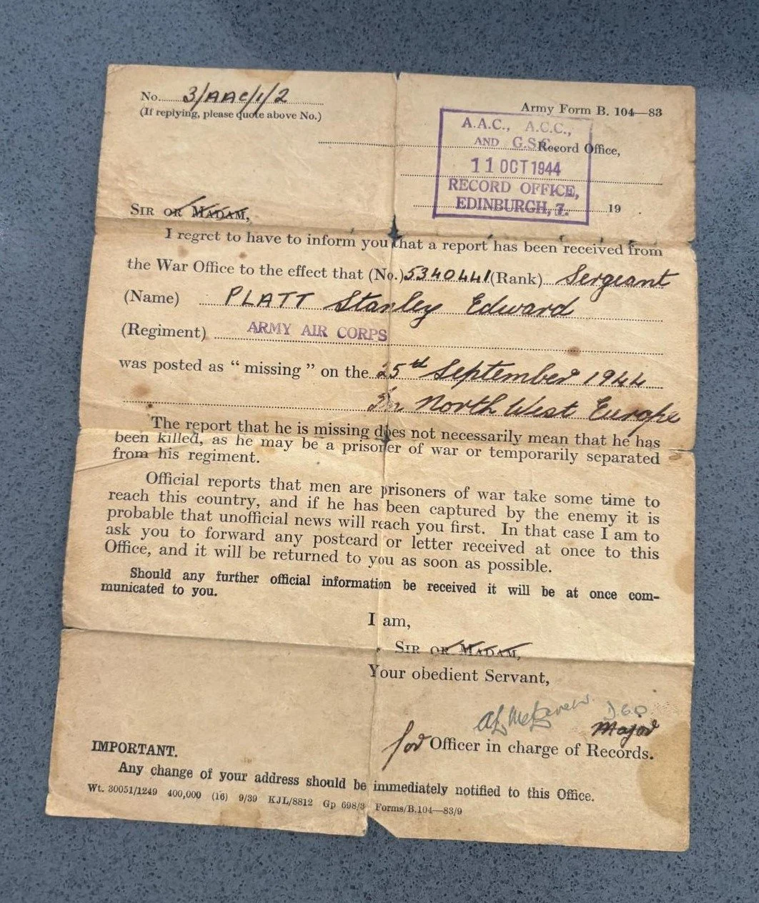 Army Form B.104-83, the missing notification letter for Sergeant Platt