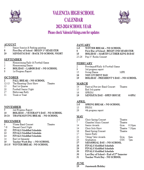 Spring Semester Calendar — Valencia High School ASB