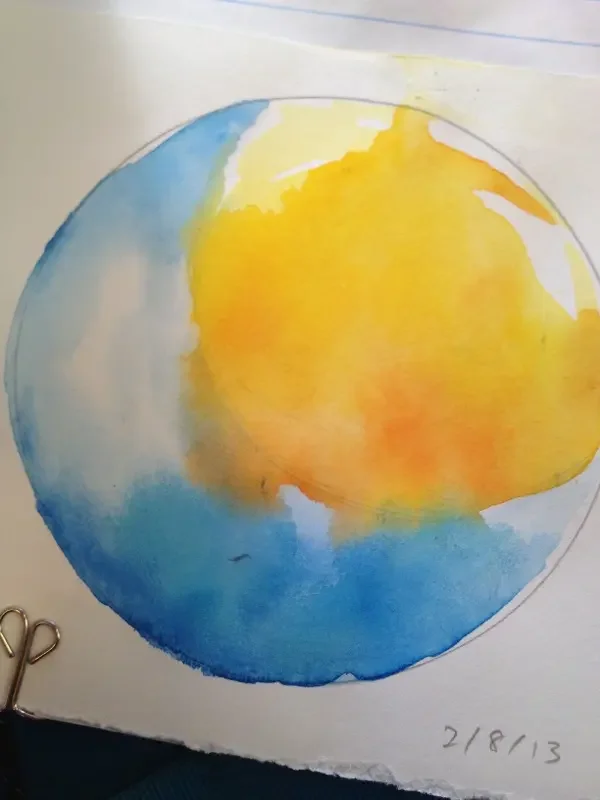 Watercolor painting of the Earth showing a view of the globe with visible land and water, emphasizing yellow, blue, and white colors.