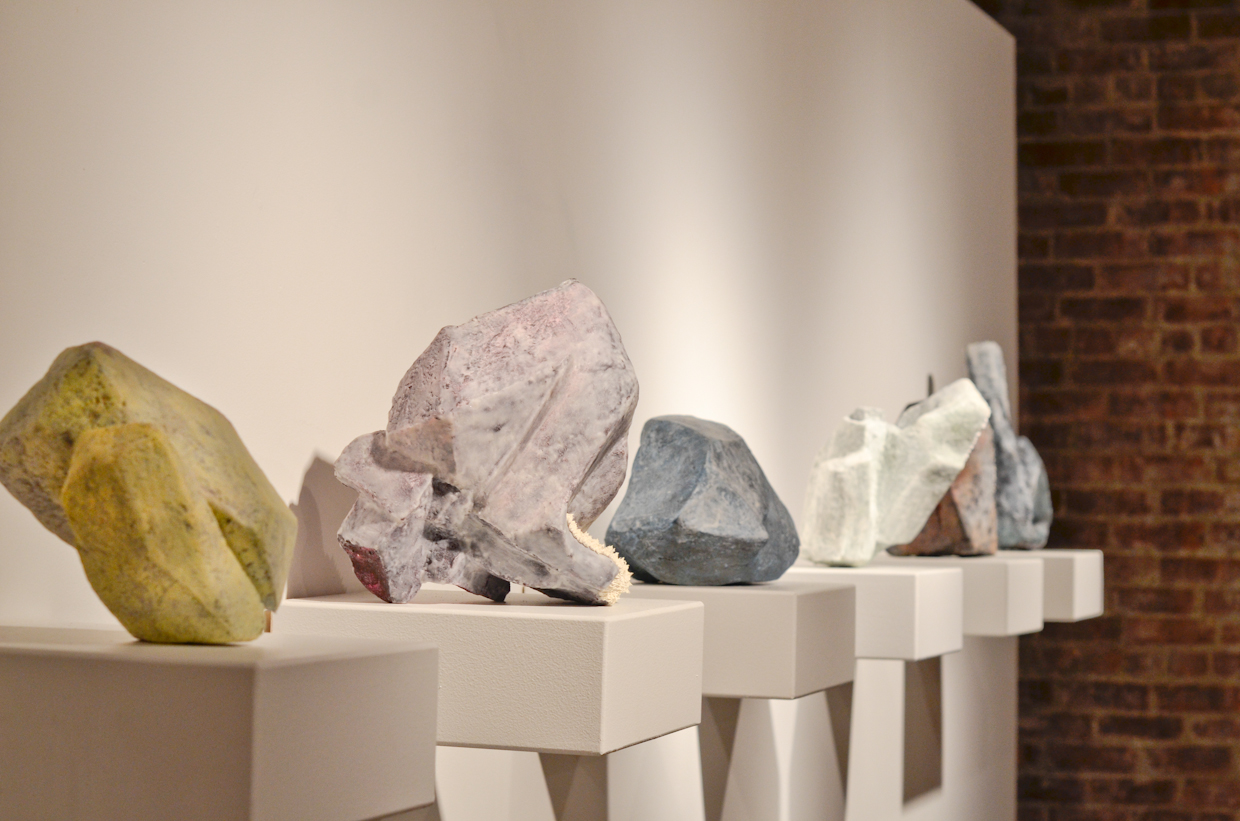   Rock Collection , 2017 Installation view of rock studies: styrofoam, plaster, paper pulp, acrylic paint and wax on wooden shelves. Dimensions variable&nbsp; 