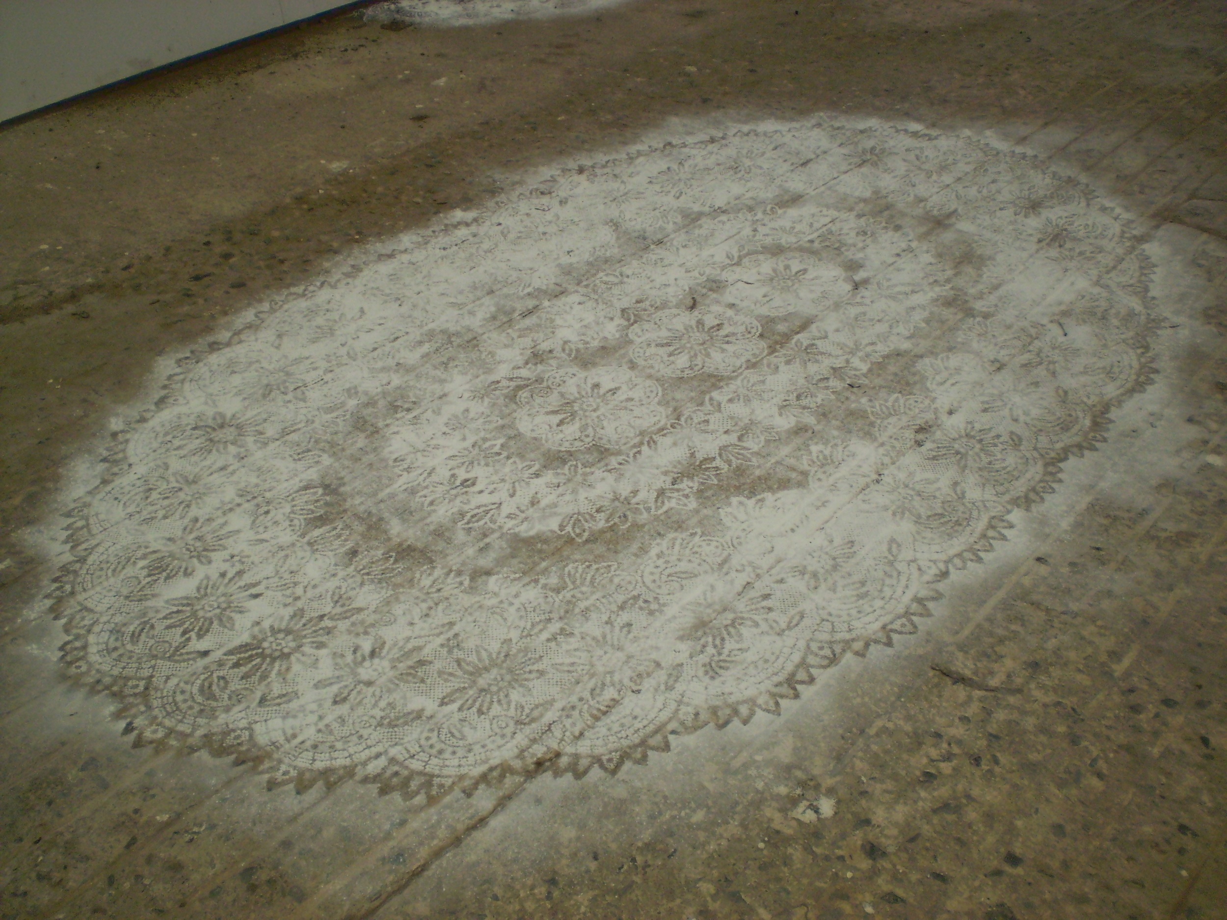   Installation in Baby Powder , 2012 Sifted baby powder on gallery floor, 36x68 inches 