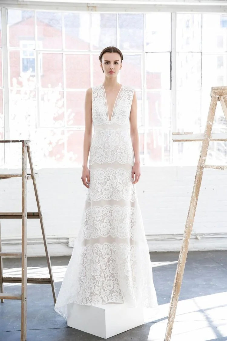 THE DRESS : Crisp and clean as a Nantucket sunrise, this organza sheath from Lela Rose teases tradition with its plunging V-neck and generous bands of lace. (Photo: Dan Lecca)