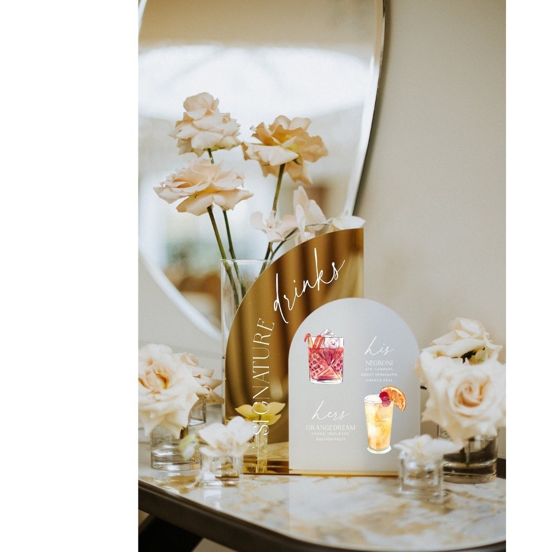 Add a touch of elegance to your wedding bar with a beautiful gold mirror bar menu, featuring His and Hers signature drinks.

#luxurybridal #bridal #NYLBFW #wedding #weddinginspo #weddinginspiration #weddingplanning #weddingday #bridal #bride #barmenu